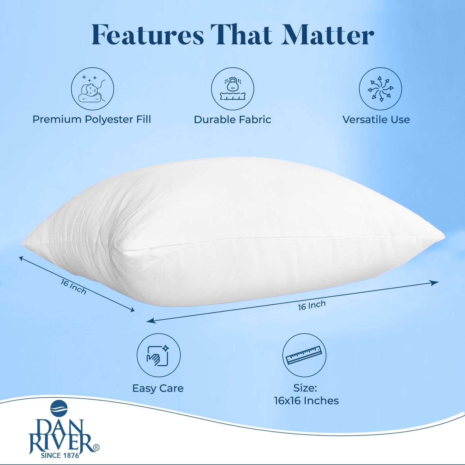 DAN RIVER 16x16 Inch Throw Pillows Set of 2 - Soft White Decorative Couch & Bed Pillows with Removable Cover | Perfect for Living Room Sofa, Bedroom Decor & Home Styling