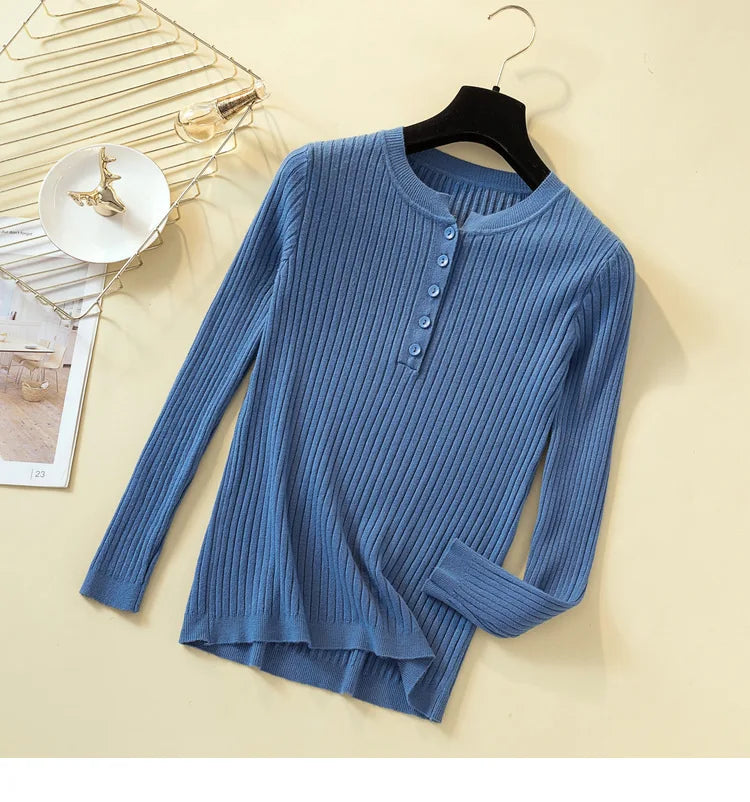 Button Basic Slim Knitted Pullover Sweater for Women - Soft Comfortable Lightweight Casual Tops for Fall & Winter - Perfect for Office, Dating and Weekend Outfits