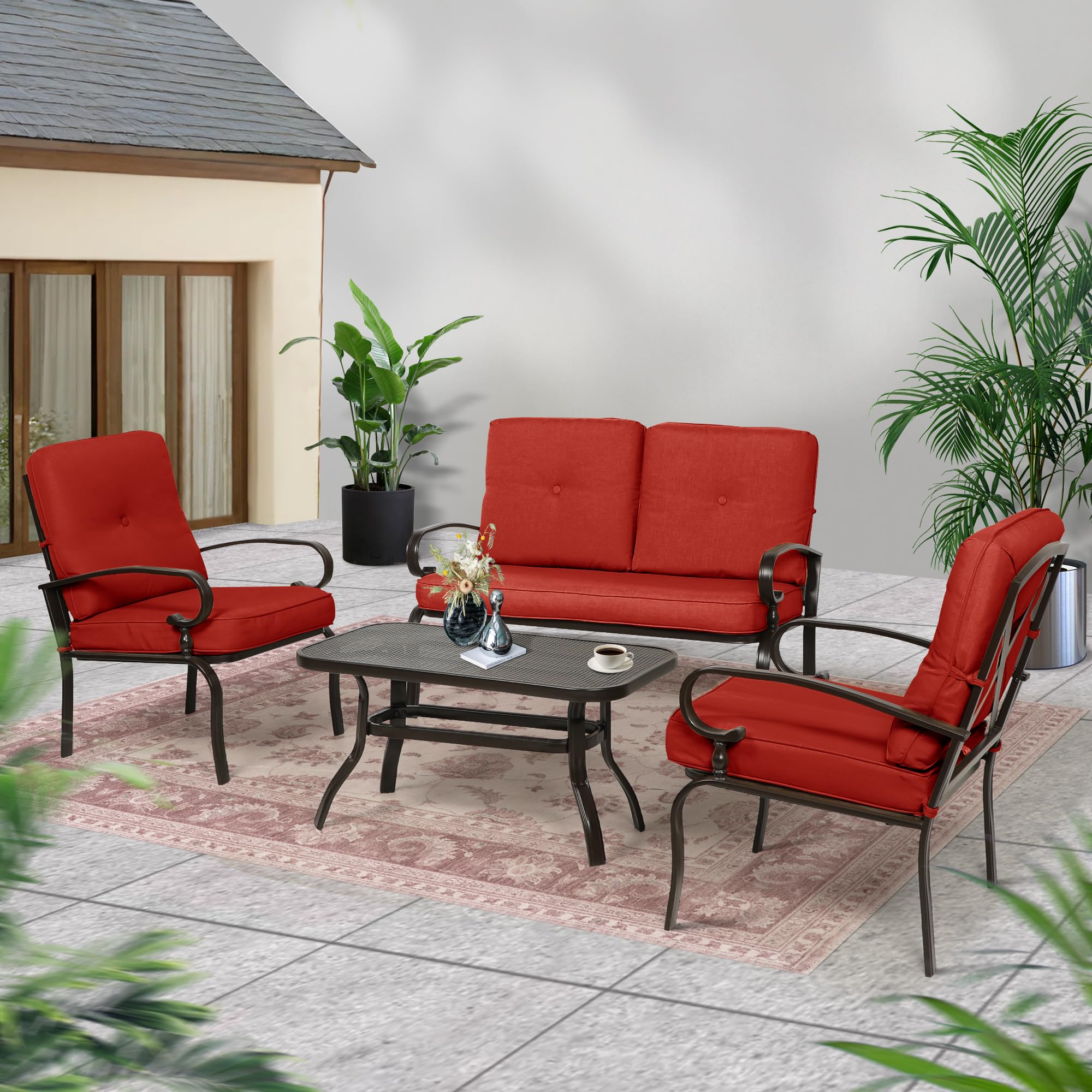 4-Piece Outdoor Metal Patio Furniture Set - Wrought Iron Conversation Set with Loveseat, Coffee Table & 2 Chairs - Steel Frame Garden Seating with Red Cushions - Perfect for Backyard, Deck, Poolside or Patio Relaxation
