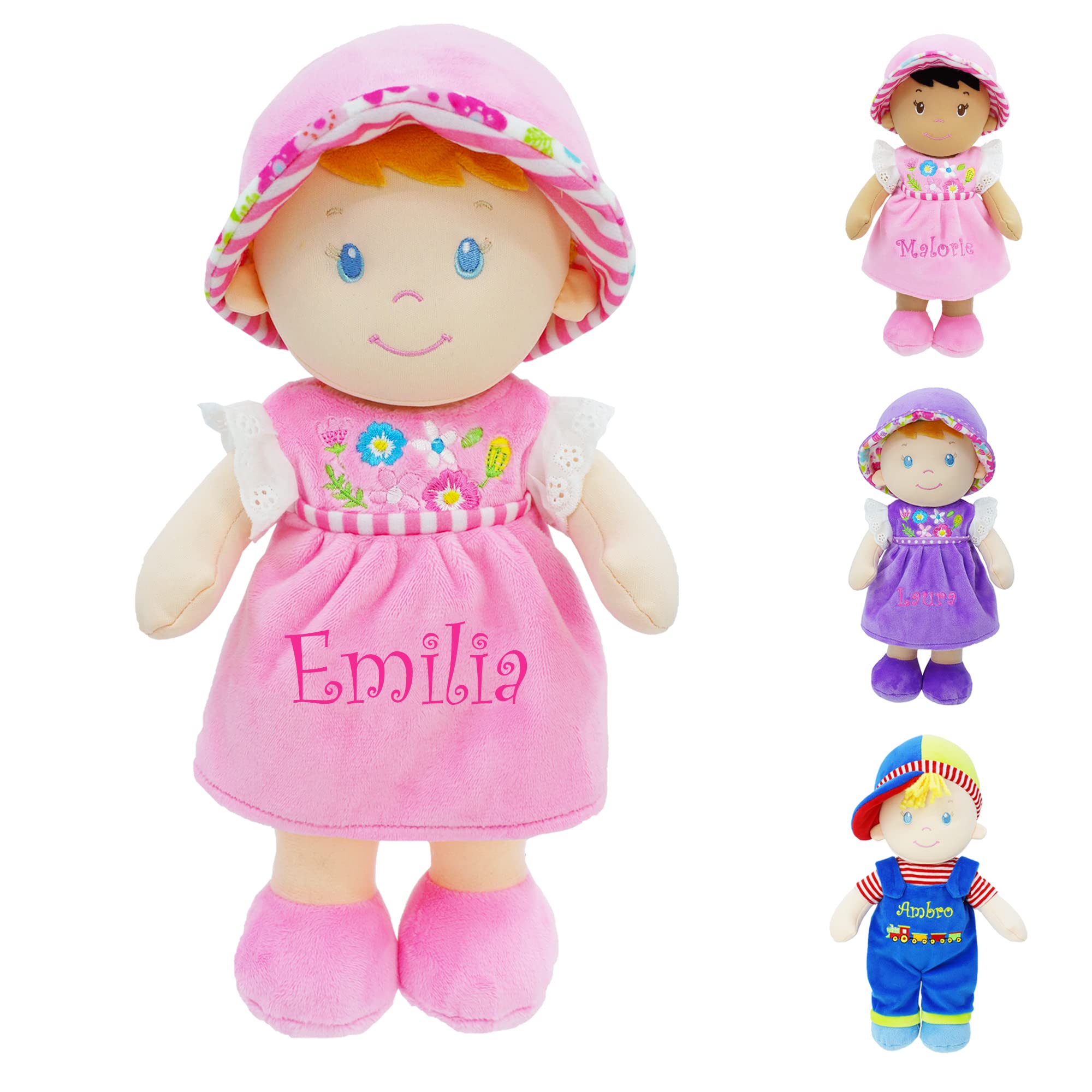 June Garden Personalized Soft Dolly Emilia - Custom Name Stuffed Baby Doll for Newborns & Toddlers with Pink Dress | Perfect Gift for Birthdays, Christenings & Nursery Decor