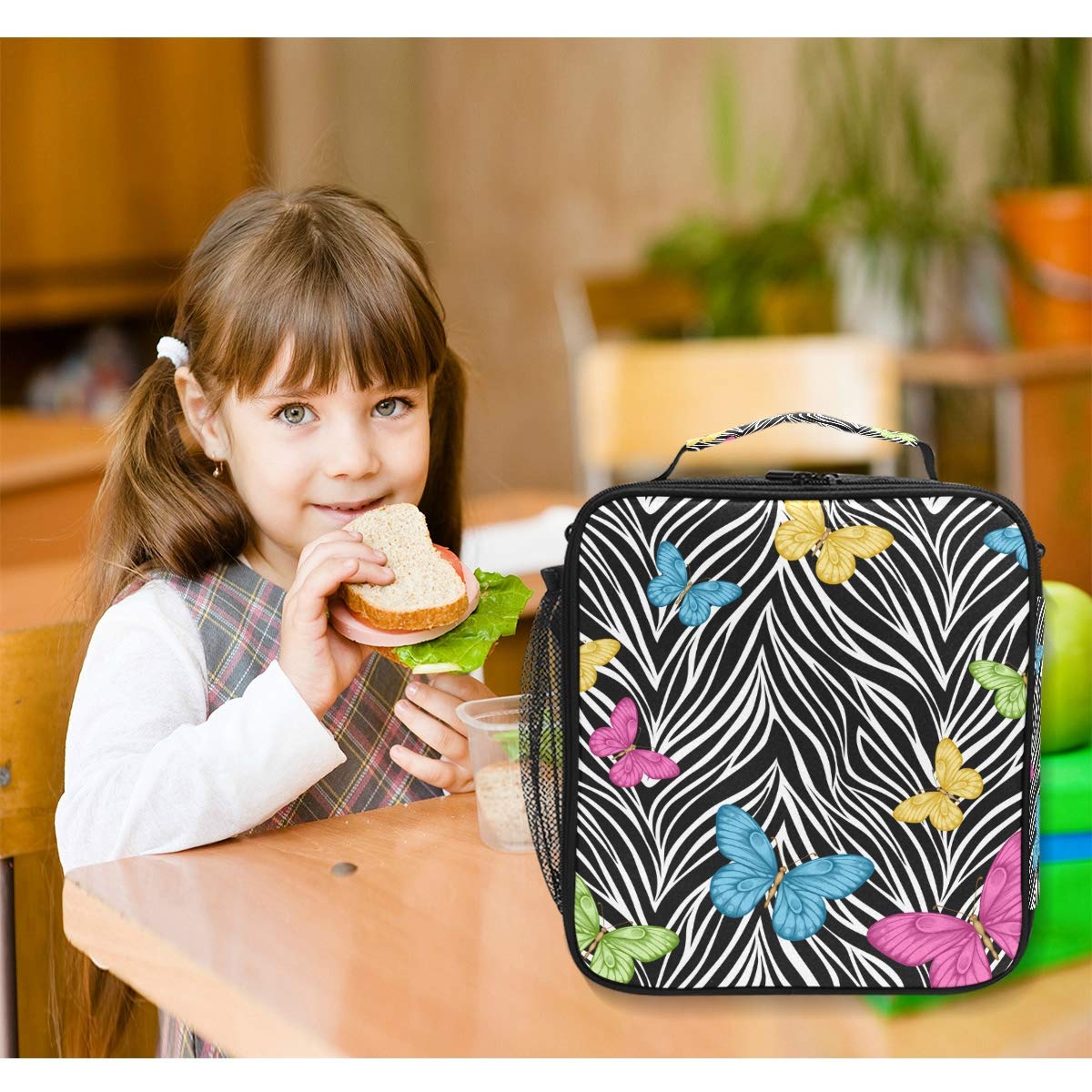 Zebra Print Insulated Lunch Bag with Shoulder Strap - Cute Butterfly Design Cooler Tote for Kids, Women & Men - Perfect for School, Work, Picnics & Outdoor Activities