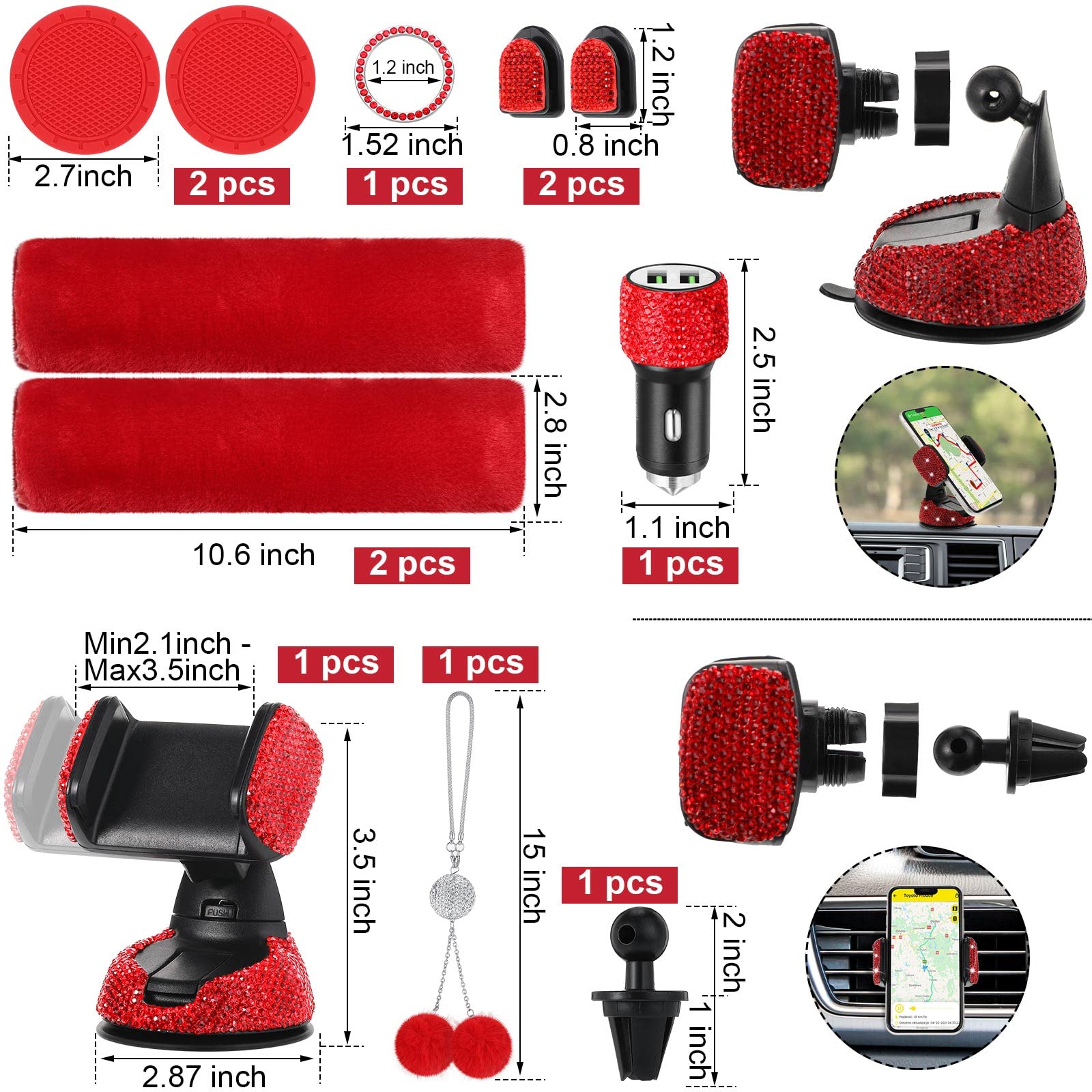 24-Piece Luxury Red Car Seat Cover Set for Women - Full Front & Rear Seat Covers with Fluffy Steering Wheel Cover, Crystal Decorated Seat Belt Shoulder Pads, Bling Car Phone Holder & Hooks - Perfect for Daily Commute, Road Trips & Gift Giving