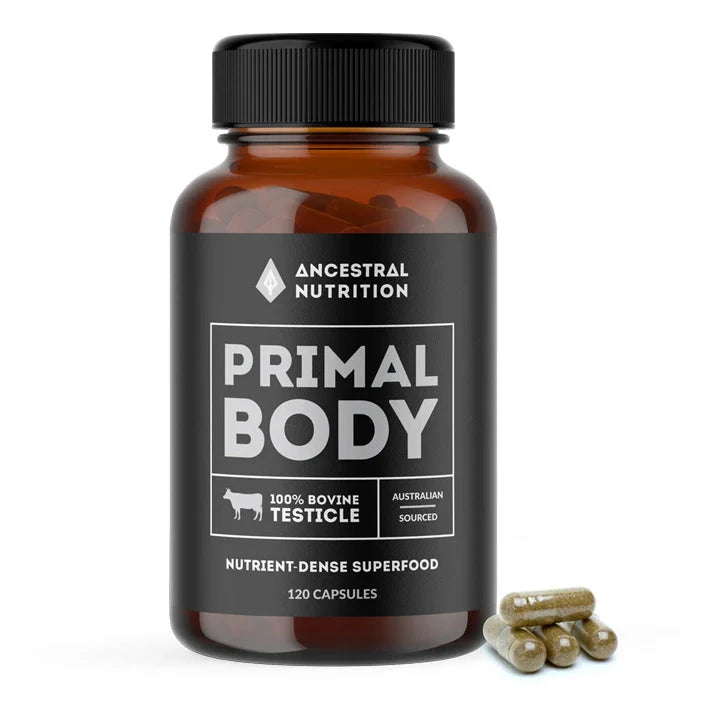 Ancestral Nutrition Primal Body 100% Bovine Testicle Supplement - 120 Capsules for Men's Health, Energy & Vitality | Natural Testosterone Support for Athletes & Fitness Enthusiasts