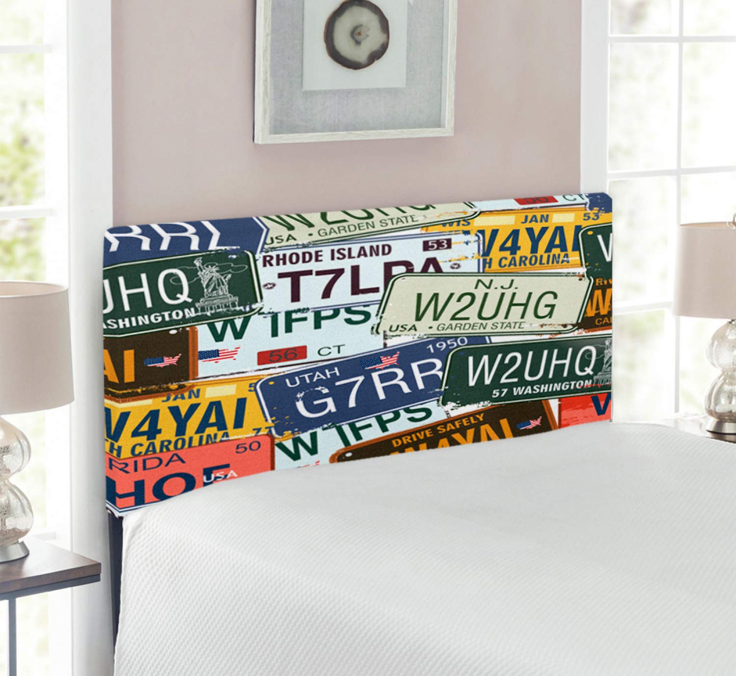 Ambesonne Vintage Upholstered Headboard - Retro License Plates Design, Personalized Travel-Themed Bed Headboard with Memory Foam, Twin Size in Green Blue Yellow | Perfect for Bedroom Decor, Guest Rooms & Vacation Home Styling