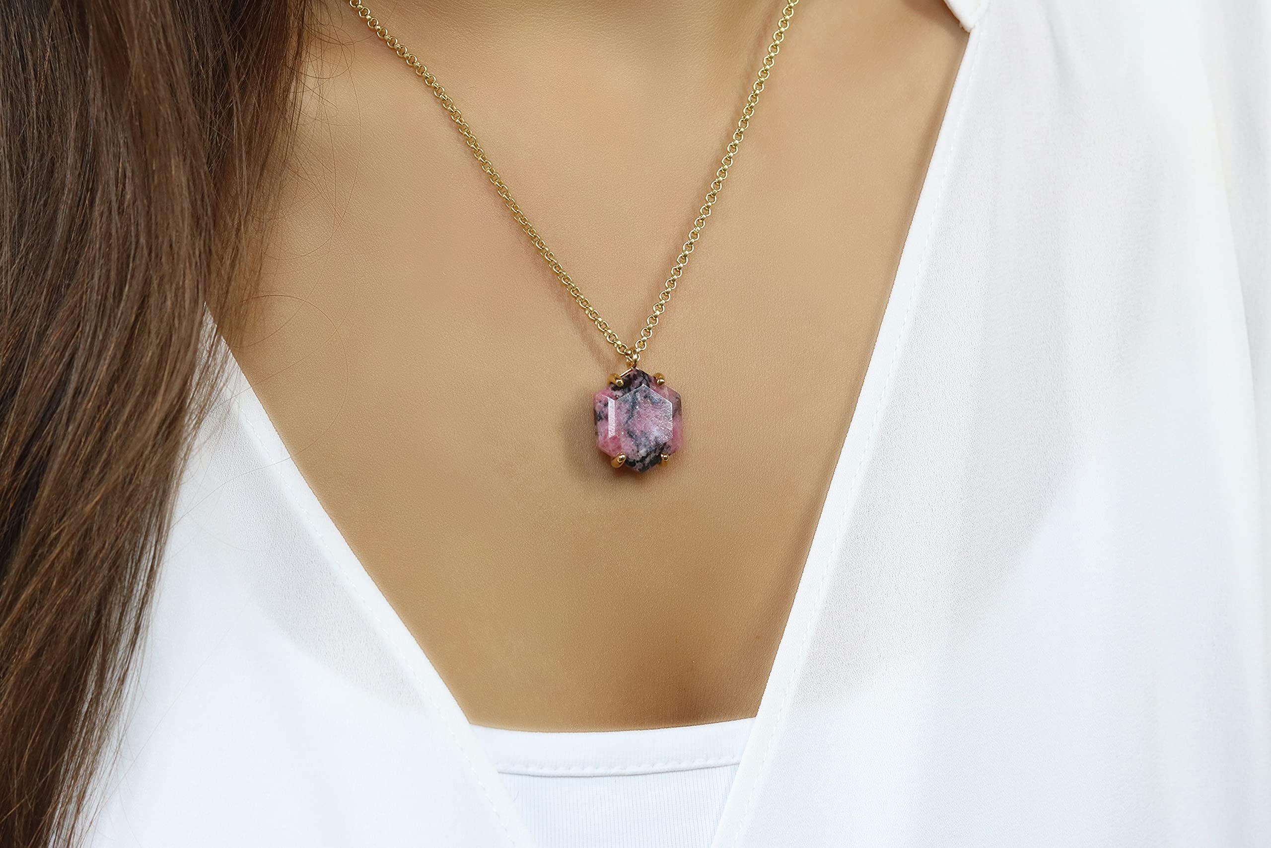 Rhodonite Hexagon Crystal Necklace for Women - Handmade Custom Gemstone Jewelry, Fashion Statement & Unique Gift - Perfect for Everyday Wear, Special Occasions & Spiritual Healing