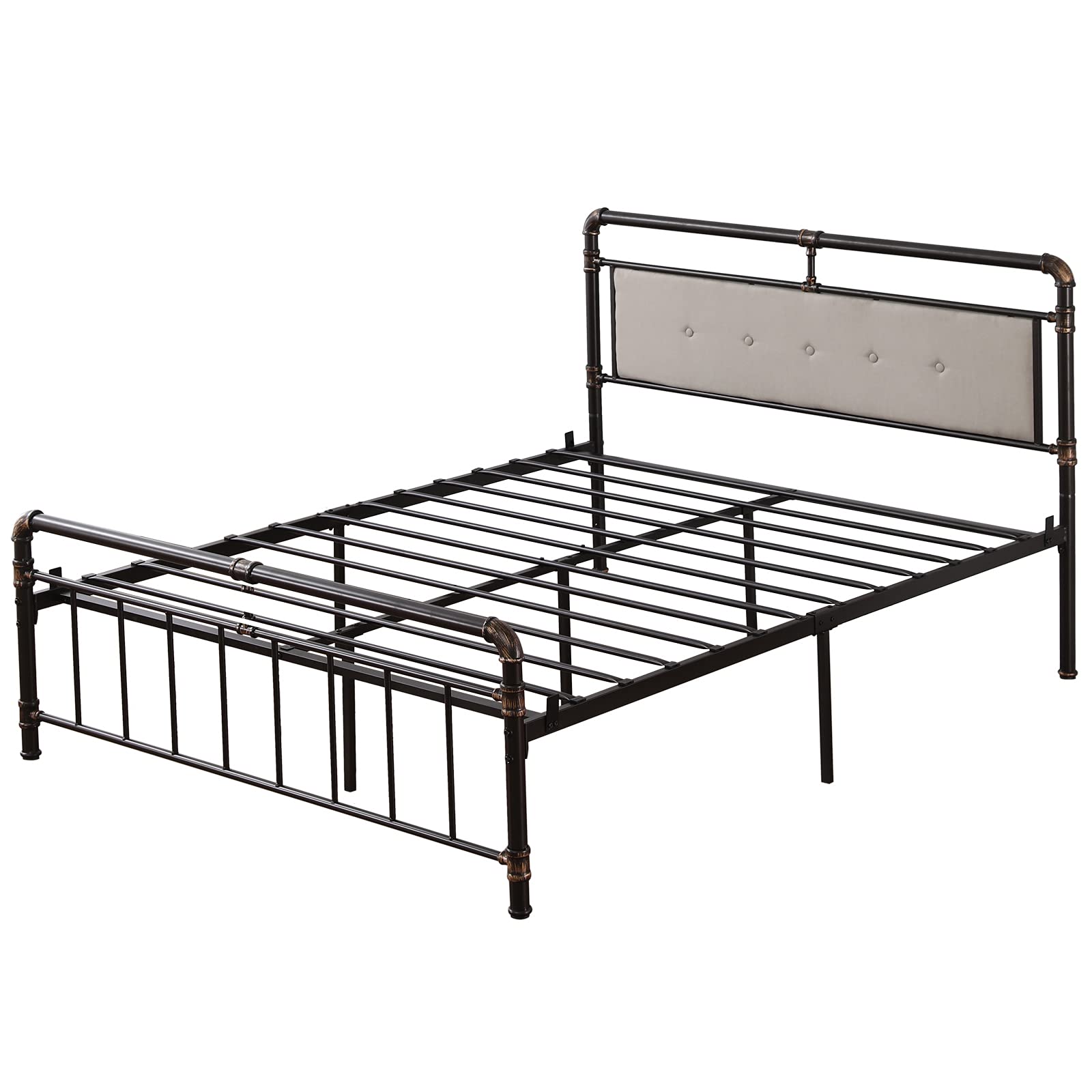 Black Gold Painted Iron Bed Frame with Single-Layer Headboard & Soft Pull Buckle - Sturdy Metal Bed with End Standpipe for Home, Bedroom, Dorm, Guest Room