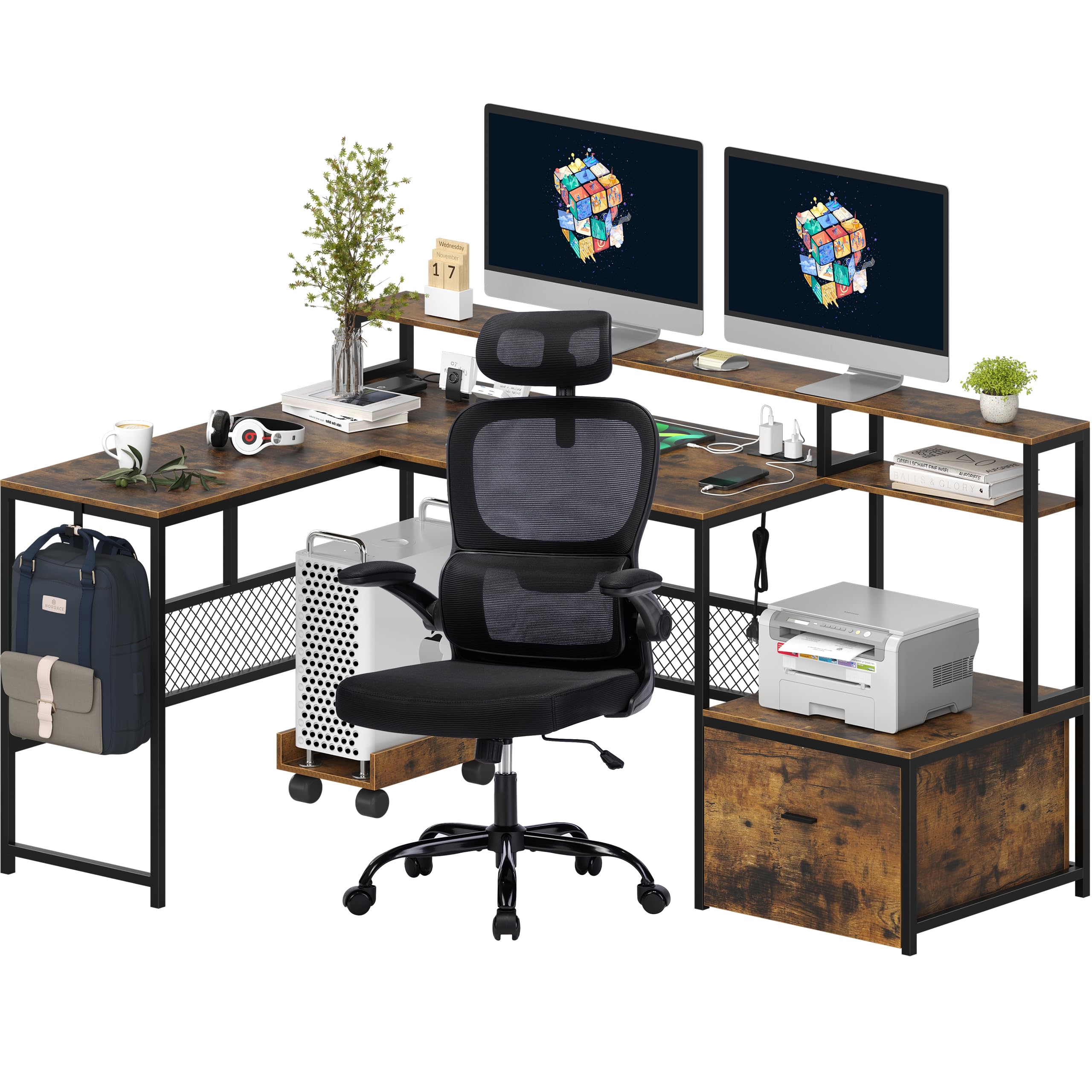 Ergonomic L-Shaped Computer Desk & Mesh Chair Set with Drawers - Home Office Furniture Combo in Brown & Black for Small Spaces, Gaming & Remote Work