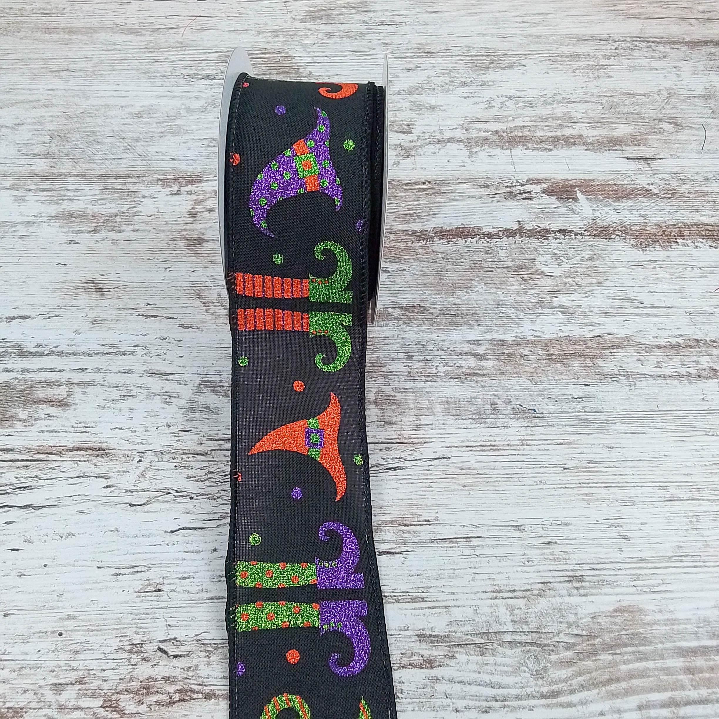 Glitter Witch Legs & Hats Wired Edge Ribbon - 2.5 Inches x 10 Yards Black Halloween Decoration for Costumes, DIY Crafts, Party Decor, and Gift Wrapping