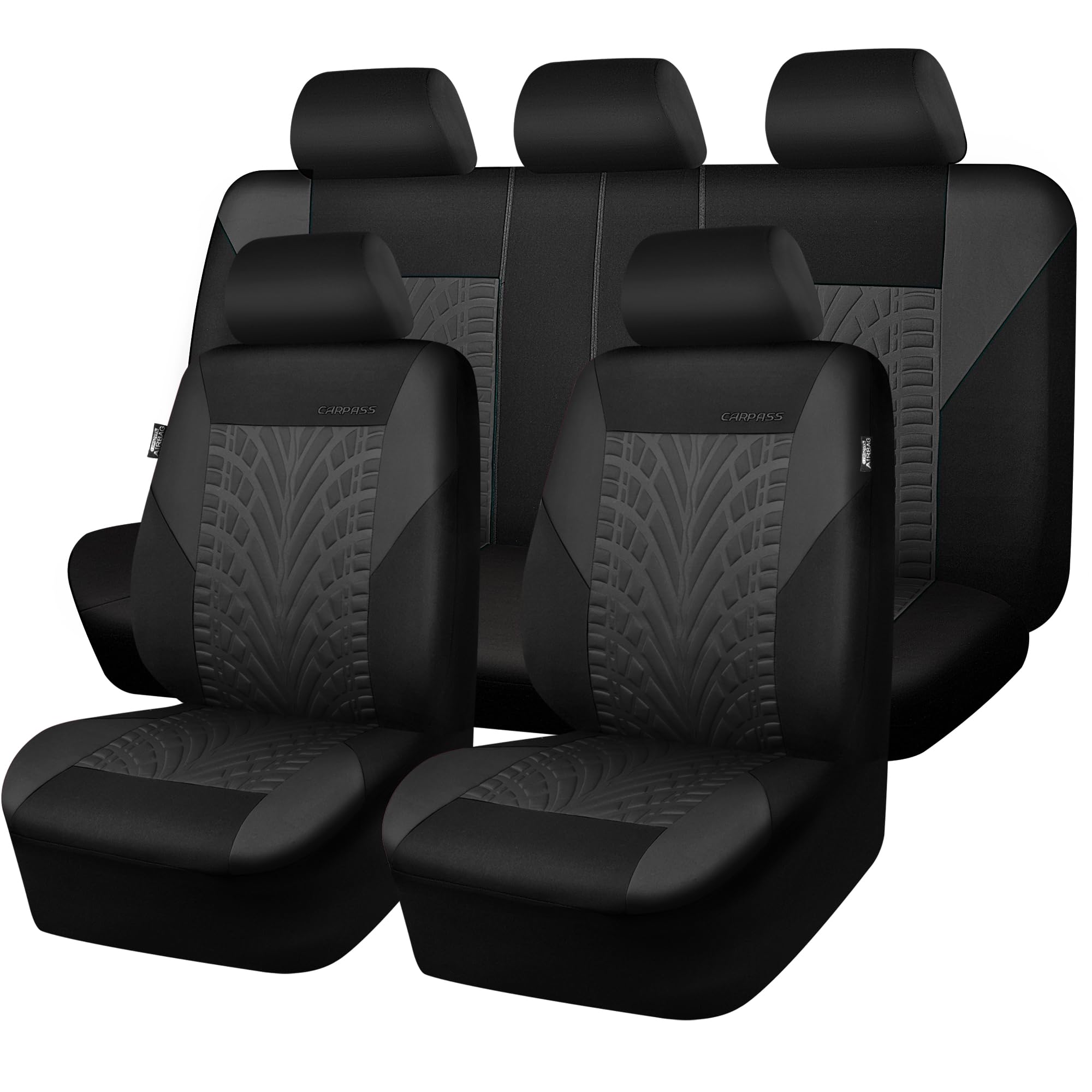 Premium CAR PASS Universal Car Seat Covers Full Set - Front & Split Rear Bench 3D Tyre Embossed Design | Airbag Compatible | Quick Installation for Cars & SUVs (Charcoal) | Perfect for Daily Commute, Road Trips & Family Protection