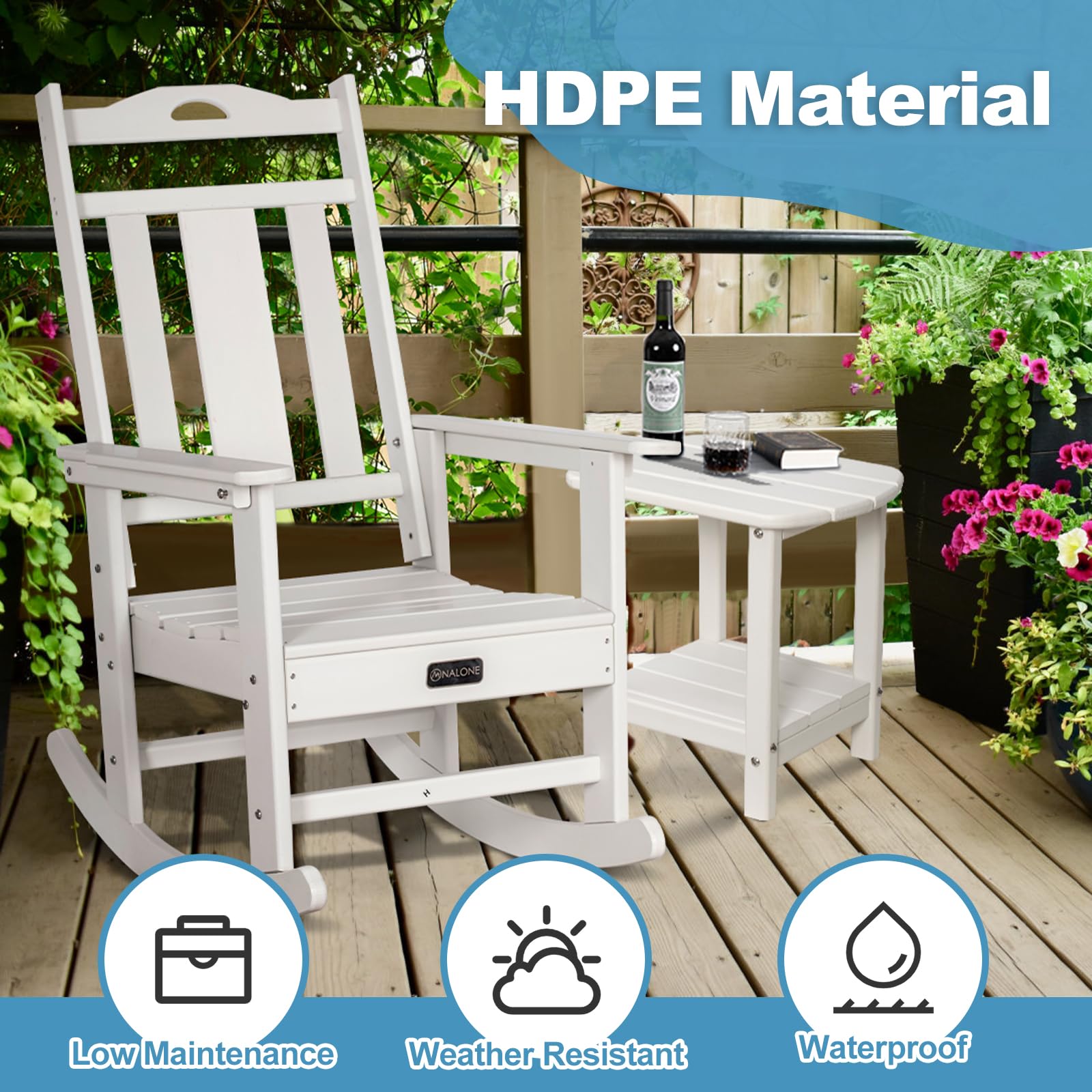 **Nalone Oversized All-Weather Outdoor Rocking Chair for Adults - Durable Patio Rocker for Garden, Lawn, Porch & Backyard Relaxation (White) - Perfect for Reading, Sunbathing & Enjoying Nature**