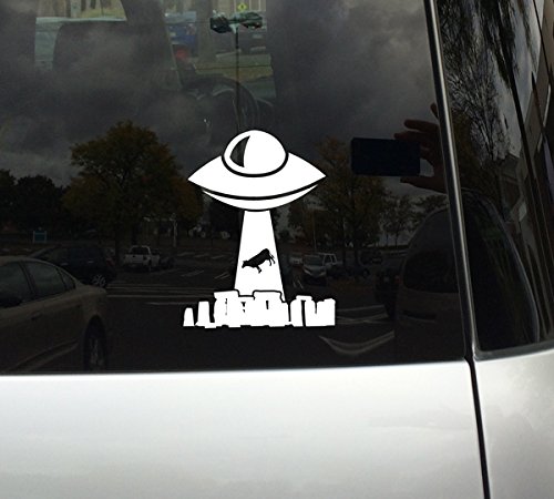 UFO Stonehenge Aliens Abducting Cow - 6 Inch White Vinyl Decal Sticker for Car, Macbook, Laptop, Tablet | Waterproof Durable Vinyl Sticker for Windows, Bumpers, Helmets, Skateboards | Fun Alien Themed Decoration for Sci-Fi Fans