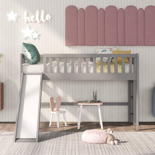 **Wooden Low Loft Bed with Ladder & Slide - Twin Size Junior Loft Bed in Gray - Perfect for Kids' Bedrooms, Playrooms & Small Spaces**