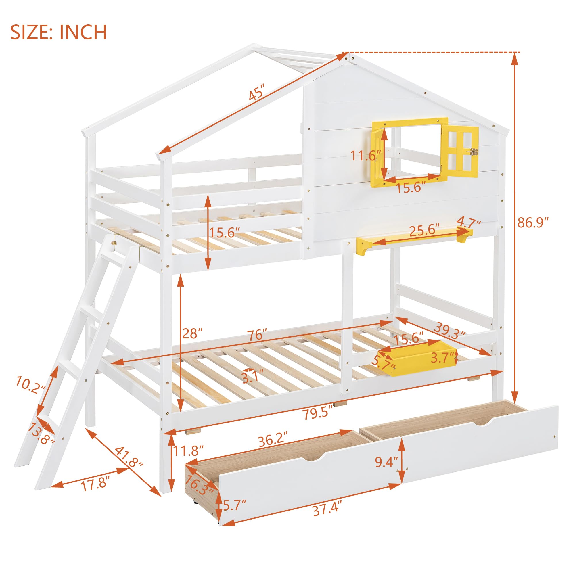 Harper & Bright Designs Twin Over Twin Solid Wood Bunk Bed for Kids with Storage Drawers, Shelf & Roof - White | Space-Saving Kids Bedroom Furniture for Boys, Girls & Teens | Perfect for Small Rooms, Shared Bedrooms & Sleepovers
