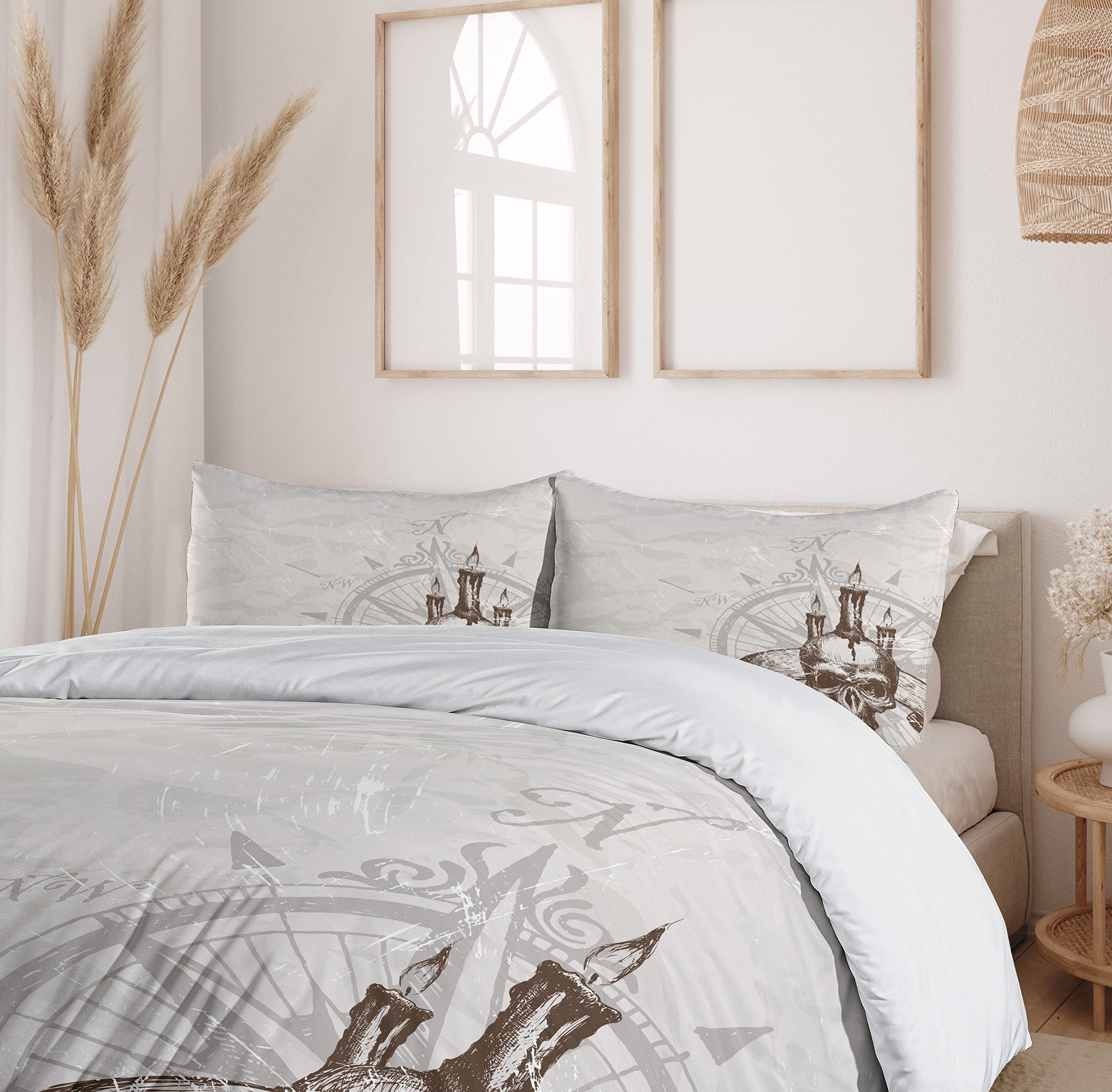 Ambesonne Compass Duvet Cover Set - Windrose Skull & Candles Pirate Adventure Theme, 3-Piece California King Bedding Set with 2 Pillow Shams in Brown Pearl Grey | Gothic Home Decor for Halloween & Themed Bedrooms