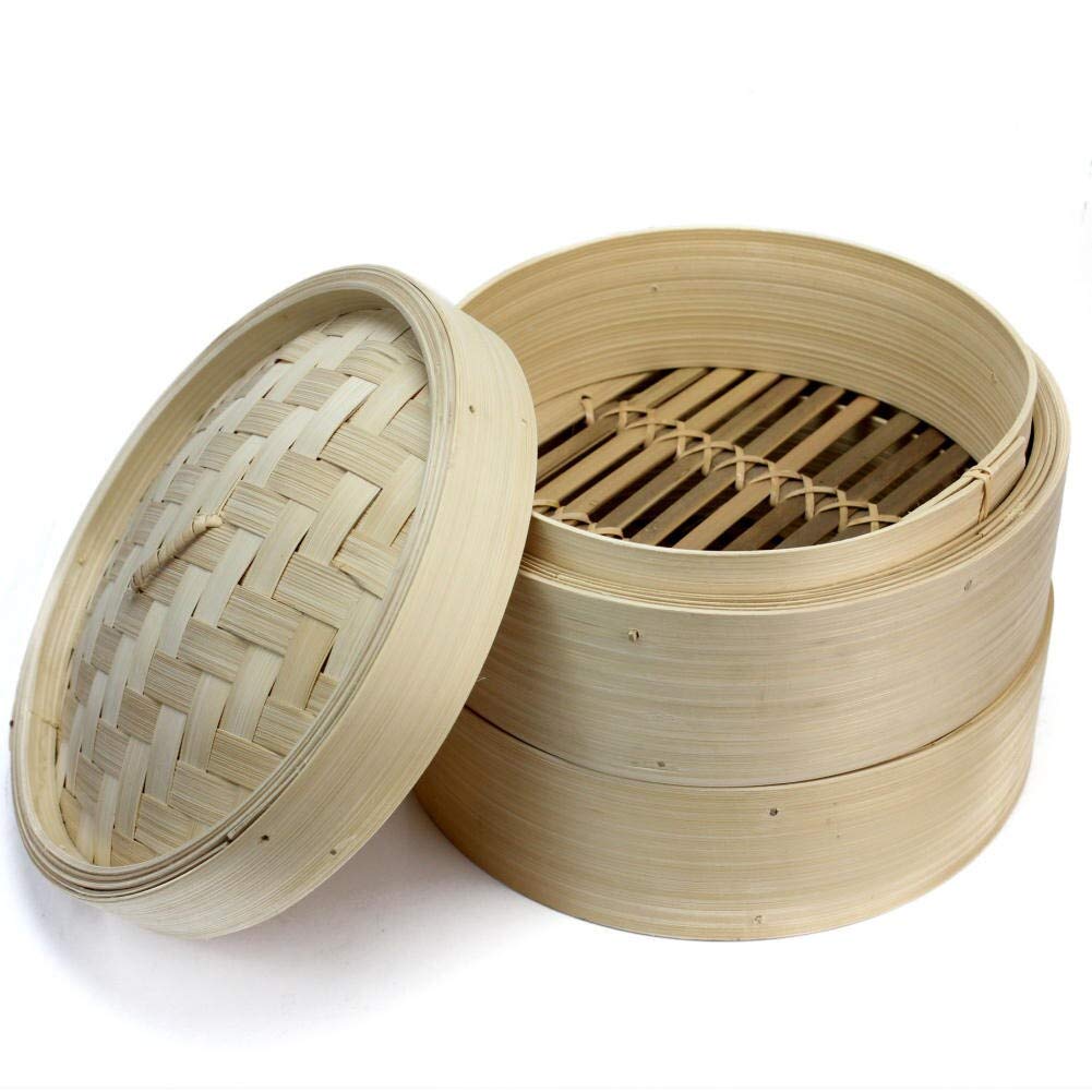 2-Tier Bamboo Steamer Basket Set for Dim Sum, Fish, Rice & Vegetables - Natural Bamboo Cookware with Lid - Perfect for Asian Cooking, Meal Prep & Healthy Eating