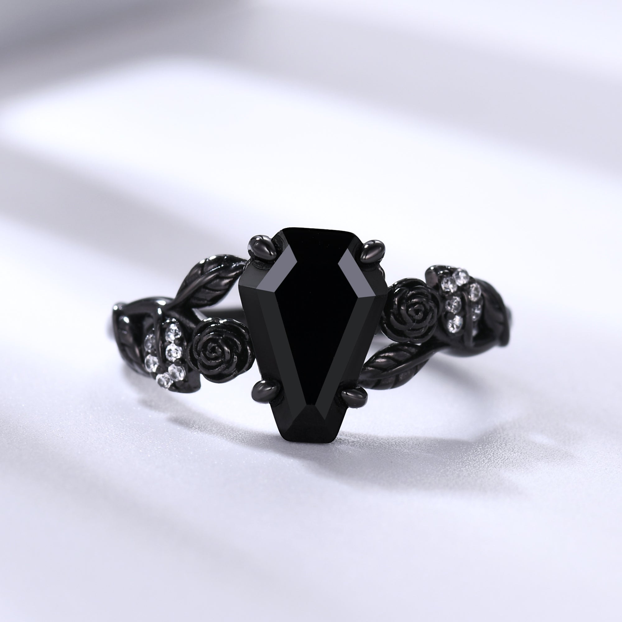 Black Onyx Coffin Gothic Engagement Ring - Unique Black Gold Flower Design for Women | Nature Inspired Alternative Wedding Band, Gothic Jewelry for Dark Romance & Vampire Themed Weddings