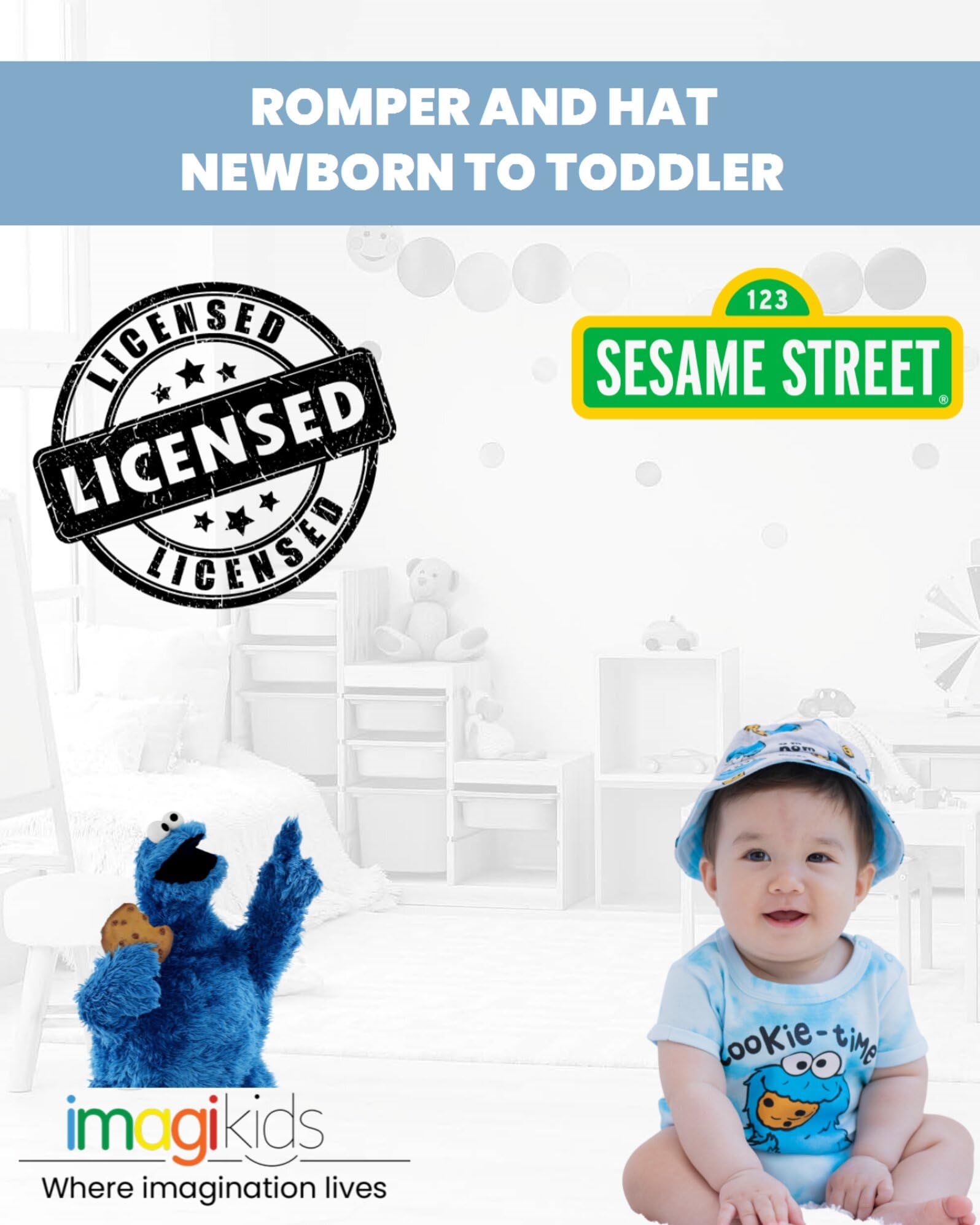 **Sesame Street Elmo Cookie Monster Big Bird Baby Romper & Sun Hat Set – Newborn to Toddler Outfit for Playtime & Photo Shoots**
