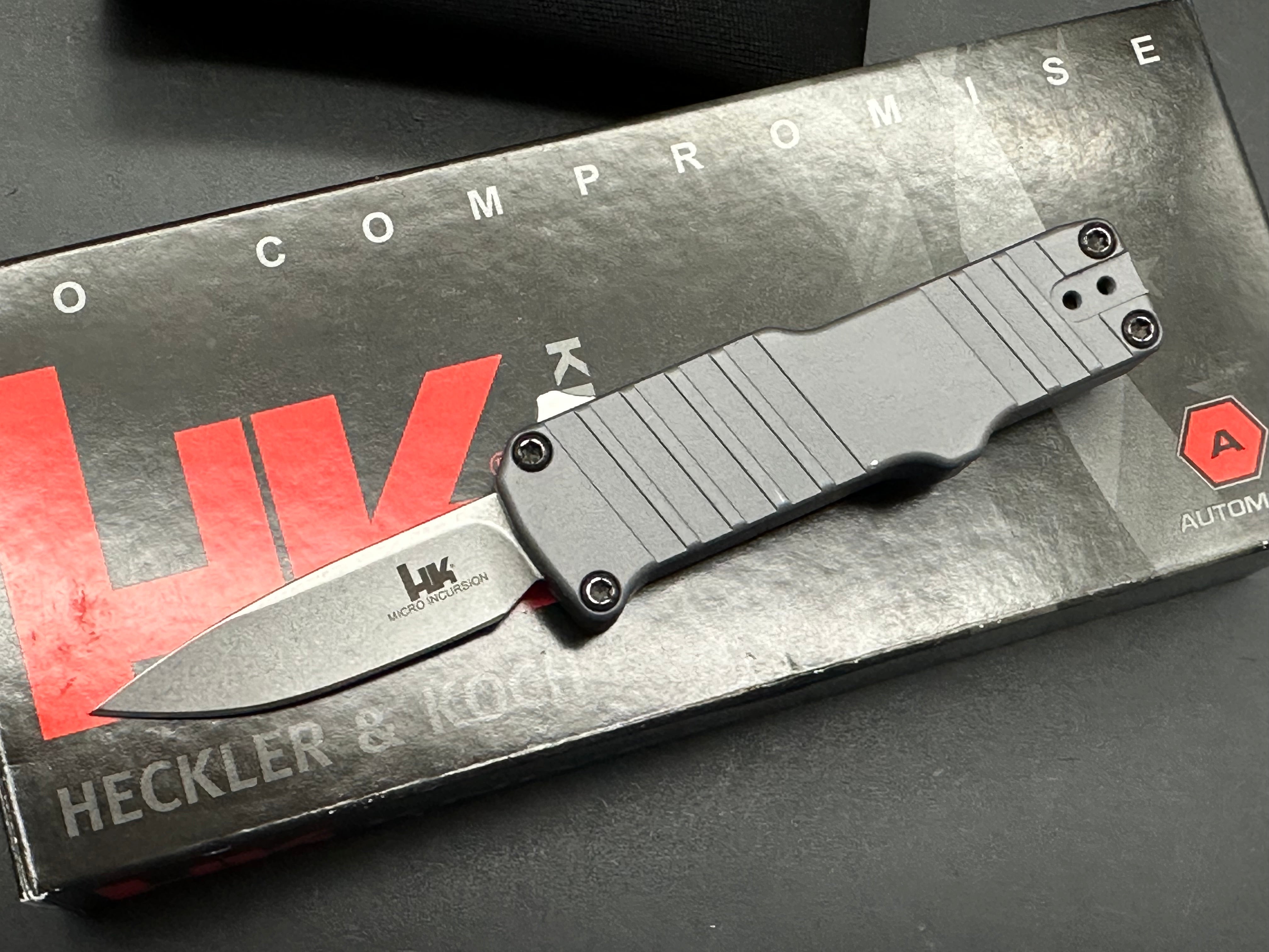 Hogue Micro Incursion D/E OTF Automatic Knife - Gray Aluminum Handle, Double Edge Tactical Knife for Outdoor, Camping & EDC Use