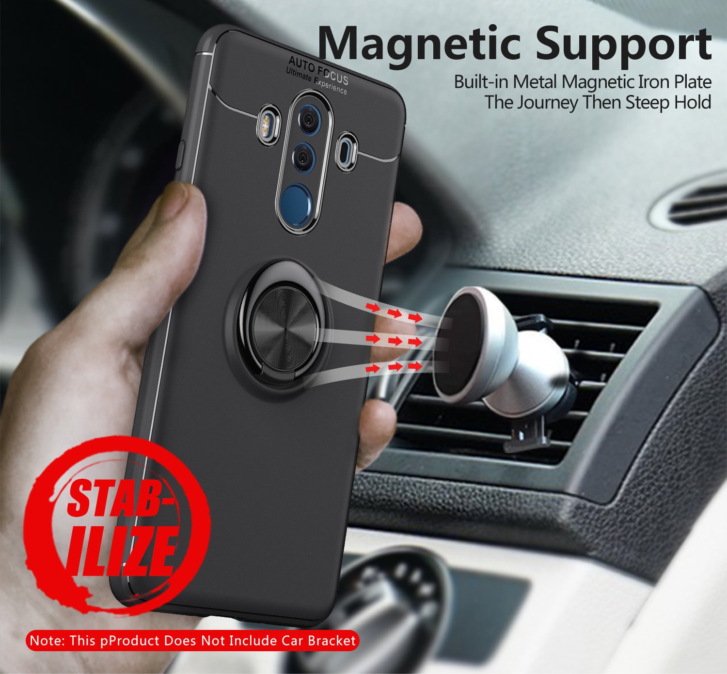 Huawei Mate 10 Pro Case with Rotatable Metal Ring Kickstand & Magnetic Car Mount - Shockproof Anti-Scratch Ultra-Slim Protective Cover (Black) - Perfect for Work, Travel & Daily Use
