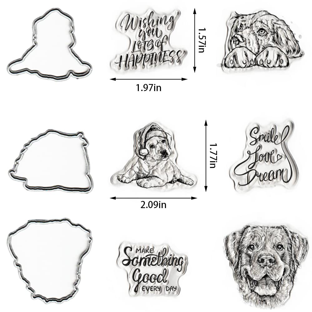 Cute Dog Puppy Clear Stamps and Dies Set for Card Making - Transparent Rubber Stamps with Sentiment Words & Animal Die Cuts for DIY Scrapbooking, Greeting Cards, Journaling and Paper Crafts