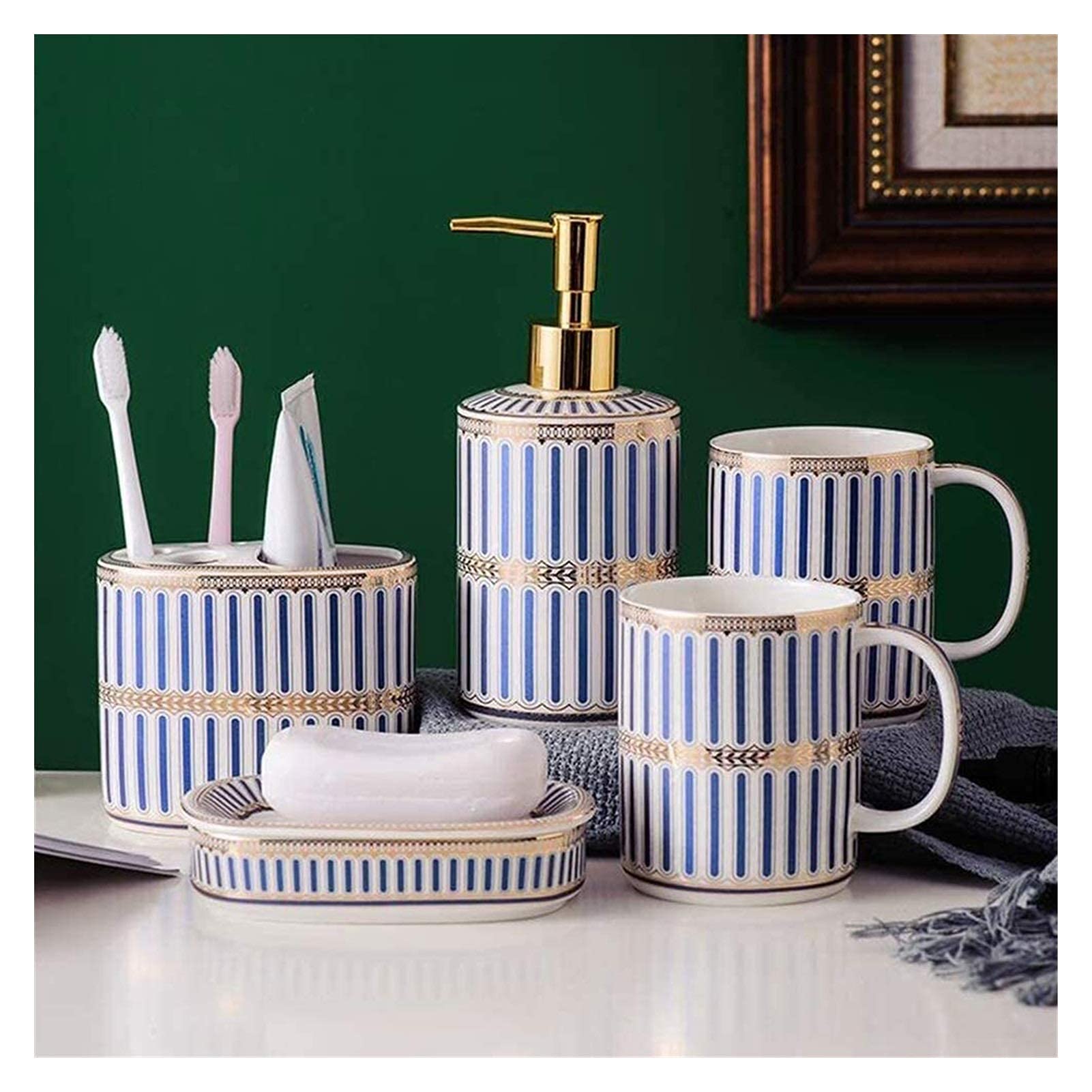 Premium Ceramic 5-Piece Bathroom Set - Soap Dispenser, Toothbrush Holder, Mouthwash Cup, Soap Dish & Countertop Decor | Elegant Hotel-Style Bathroom Accessories for Home, Spa & Guest Room Organization