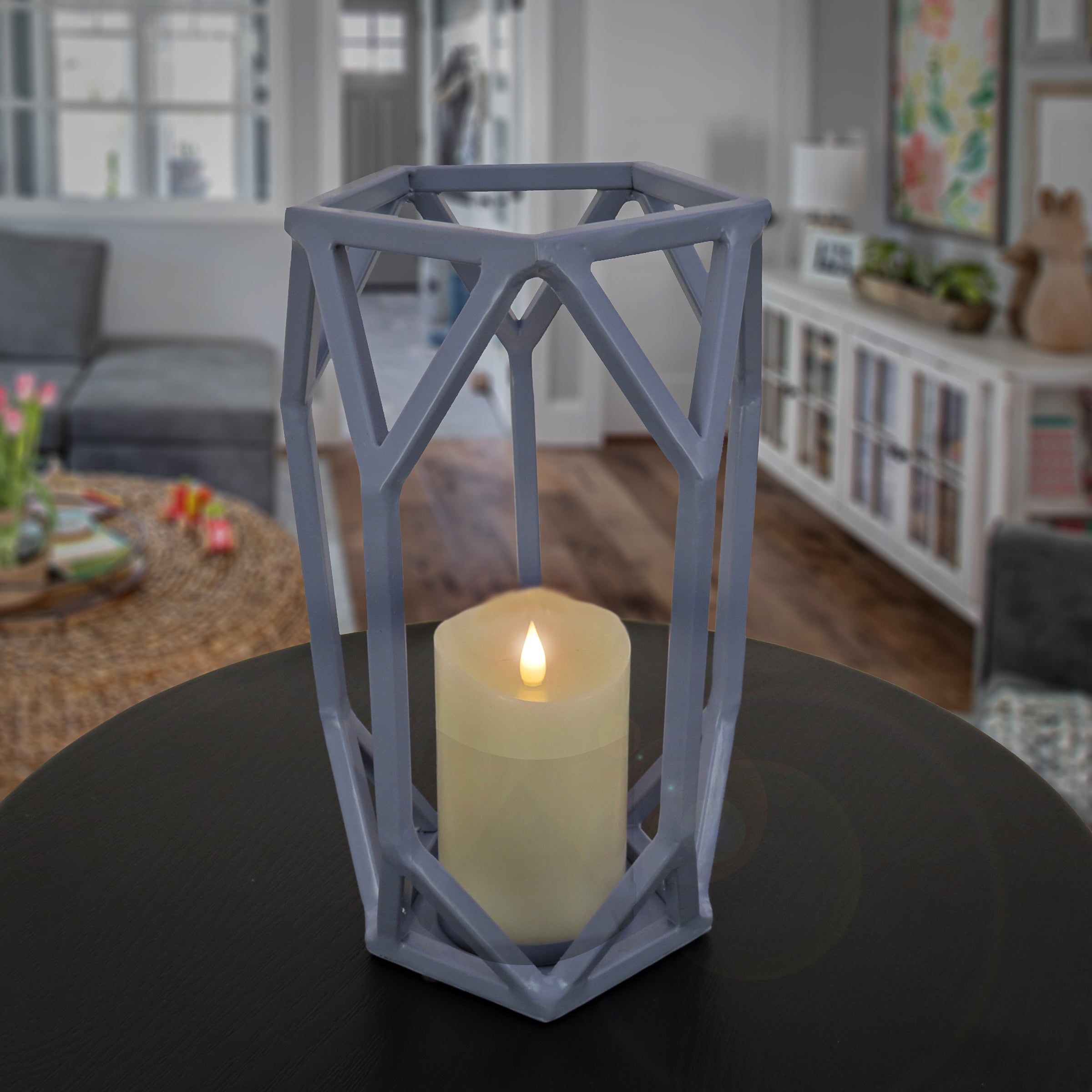 11 Inch Modern Dusty Blue Outdoor Lantern Candle Holder - Weatherproof Patio Decor for Garden, Porch, and Backyard Lighting