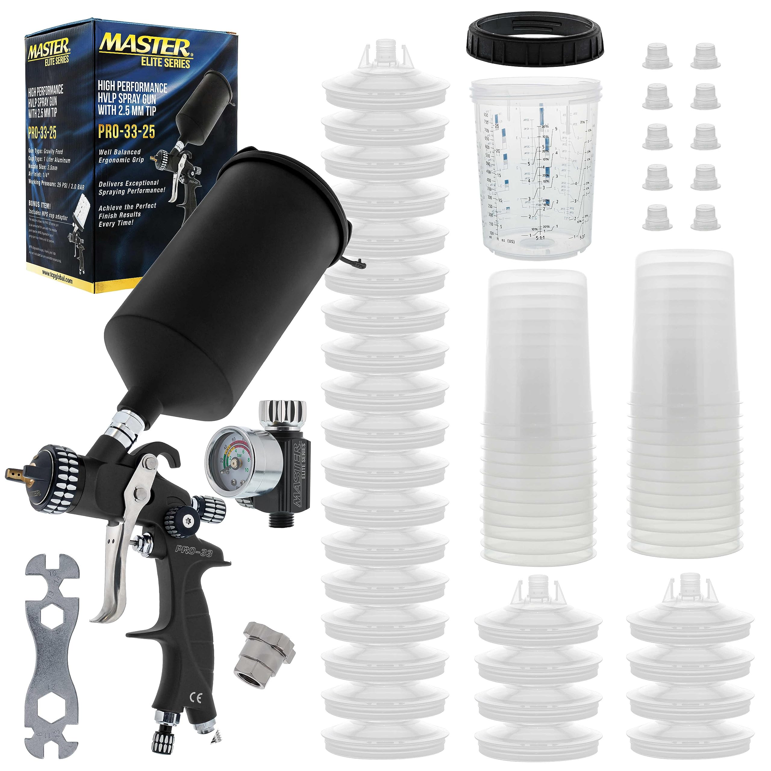 Master Elite PRO-33 HVLP Spray Gun Kit - 2.0mm Nozzle & 25 Disposable Cups for Automotive Painting, Wood Finishing & DIY Projects - High Performance Spray Gun for Professional Results