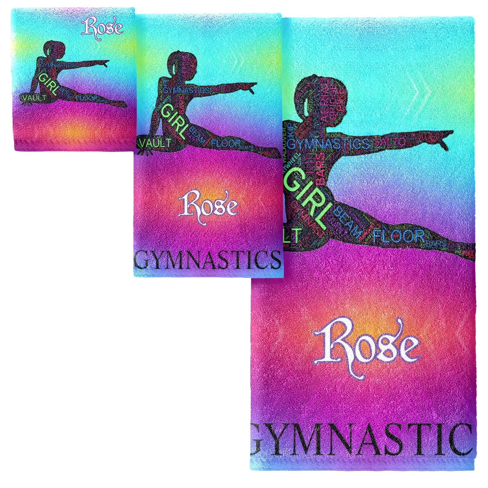 Custom Personalized 3-Piece Towel Set - 1 Beach Towel, 1 Hand Towel, 1 Washcloth with Gymnastics Letter Pattern & Names | Wedding Gift, Bathroom Decor, Spa Essentials, Beach Accessories