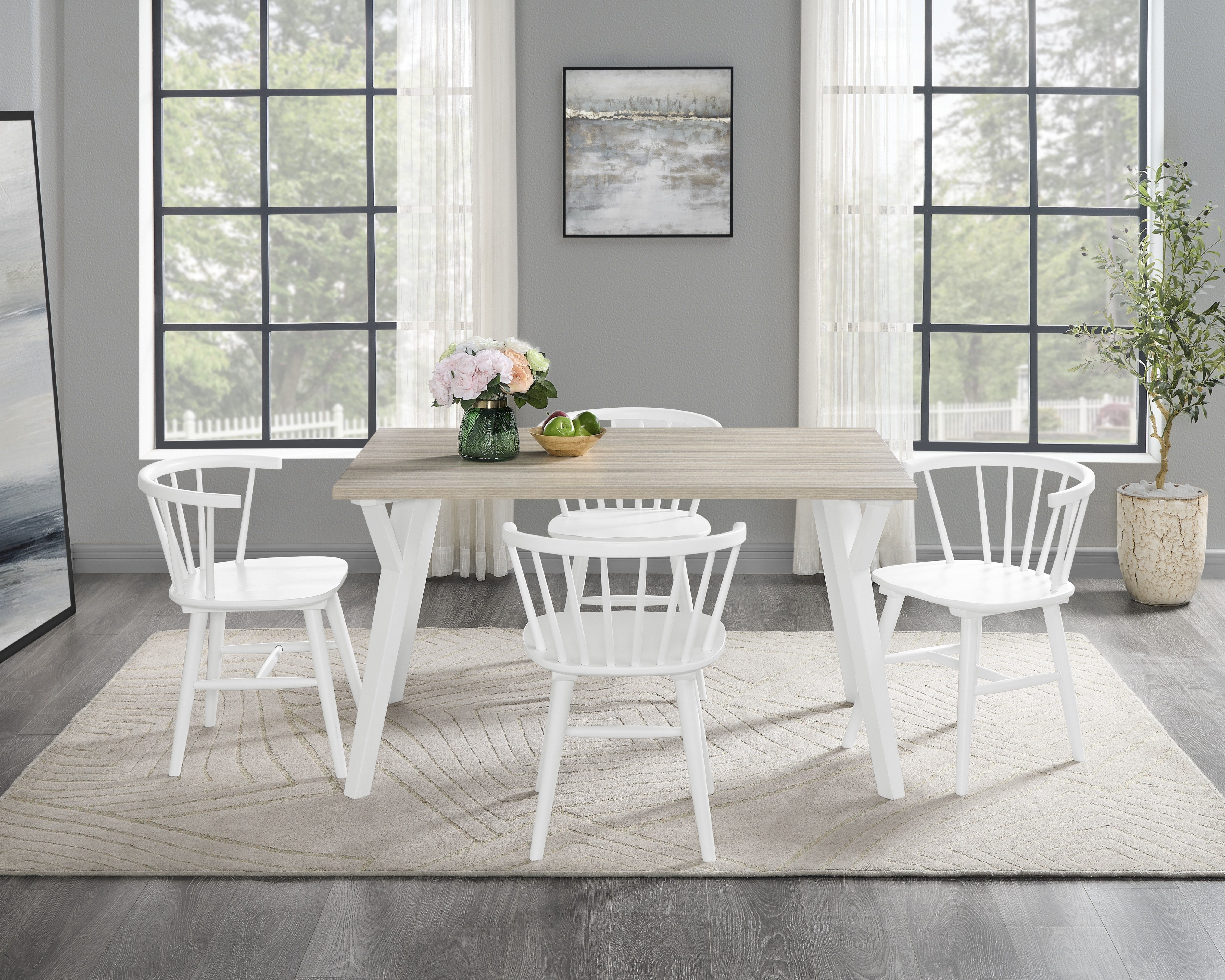 Roundhill Furniture Alwynn 5-Piece Dining Set - White & Natural Wood Dining Table with 4 Windsor Chairs for Kitchen, Dining Room & Small Spaces