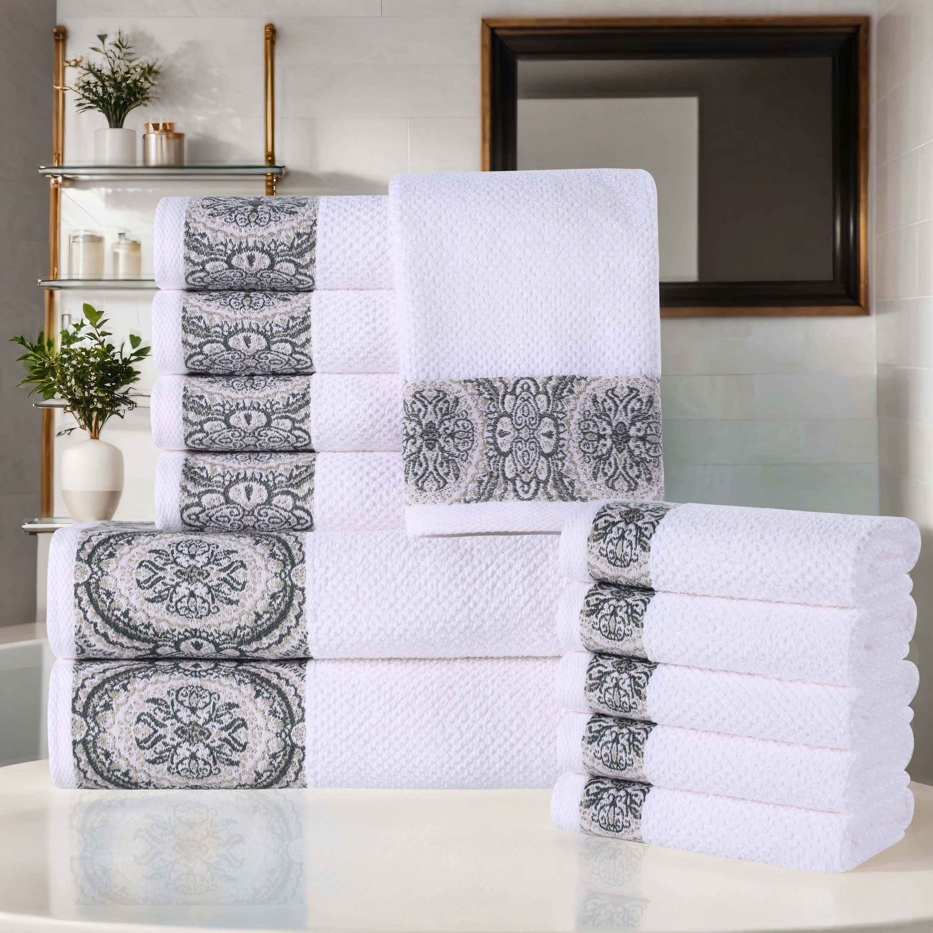 Premium Medallion Cotton Jacquard Textured 12-Piece Towel Set - Soft, Absorbent & Luxurious for Bathroom, Spa & Guest Use