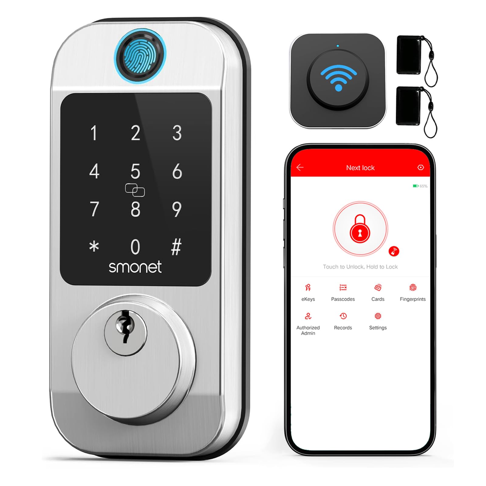 SMONET Smart WiFi Door Lock - Keyless Entry Deadbolt with Fingerprint, Keypad, Alexa & Bluetooth App Control - Satin Nickel Finish for Home Security & Smart Access    Perfect for modern homes, apartments, and vacation rentals - secure keyless entry with remote access via smartphone, voice control with Alexa, and biometric fingerprint recognition for ultimate convenience.