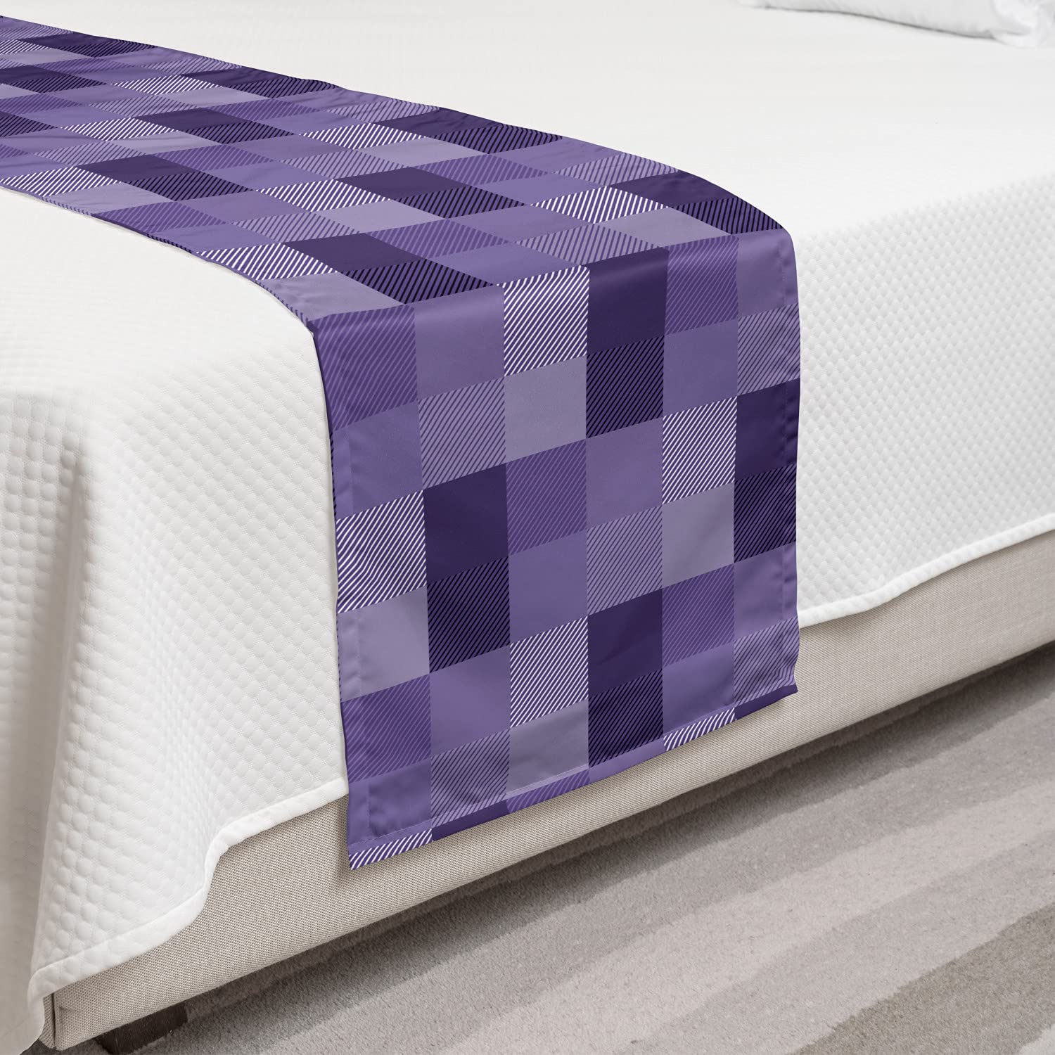 Ambesonne Abstract Plaid Stripe Bed Runner Set with 2 Pillow Shams - Monochrome Purple Quartz Decorative Bed Scarf for Queen Size Beds | Perfect for Hotel Luxury & Home Bedroom Decor