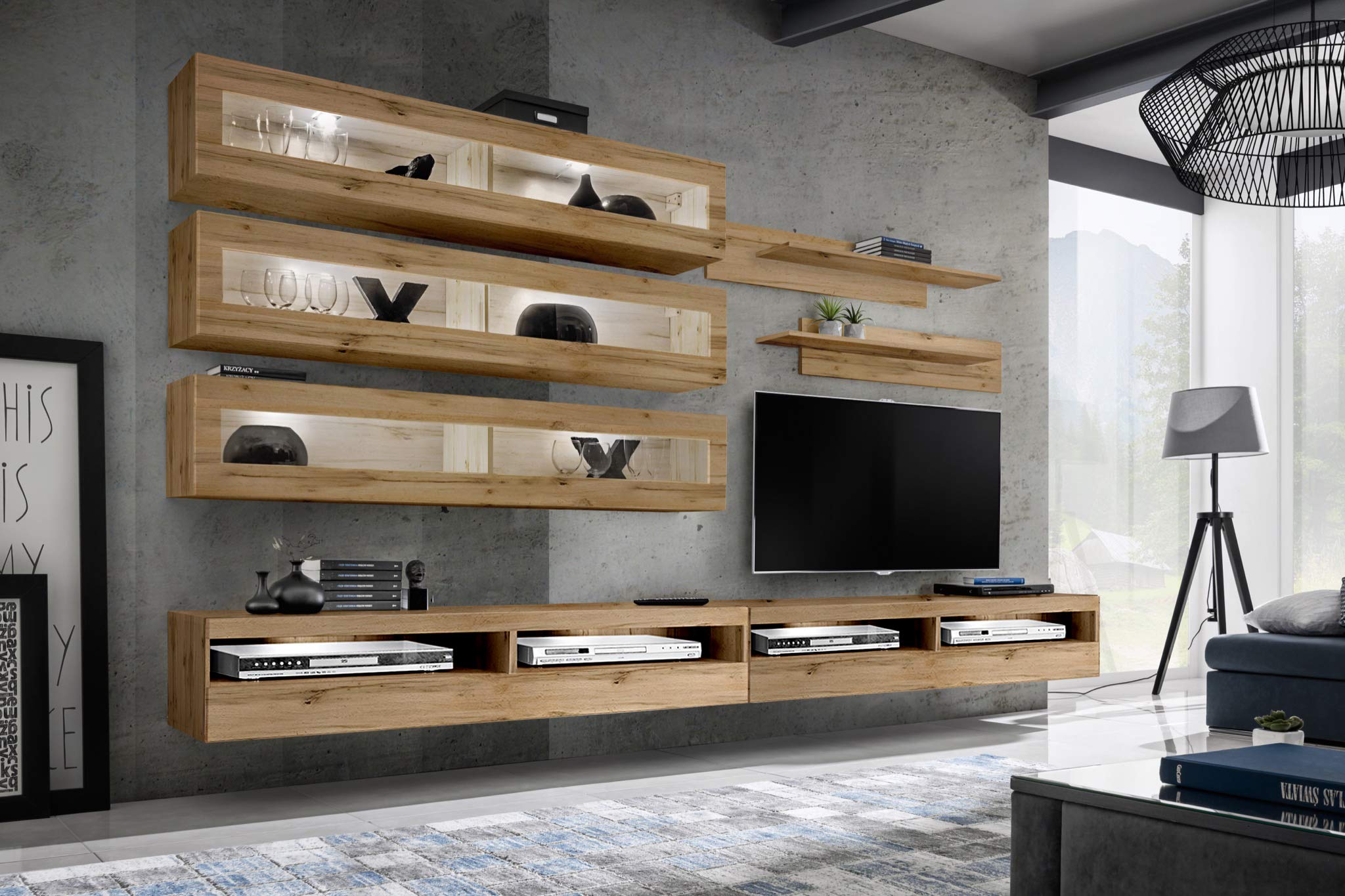 Modern Oak Floating TV Stand with Storage & LED Lights - Wall-Mounted Entertainment Center for Living Room & Bedroom - Space-Saving Media Console with Adjustable Shelves - Perfect for Small Apartments & Home Theater Setup