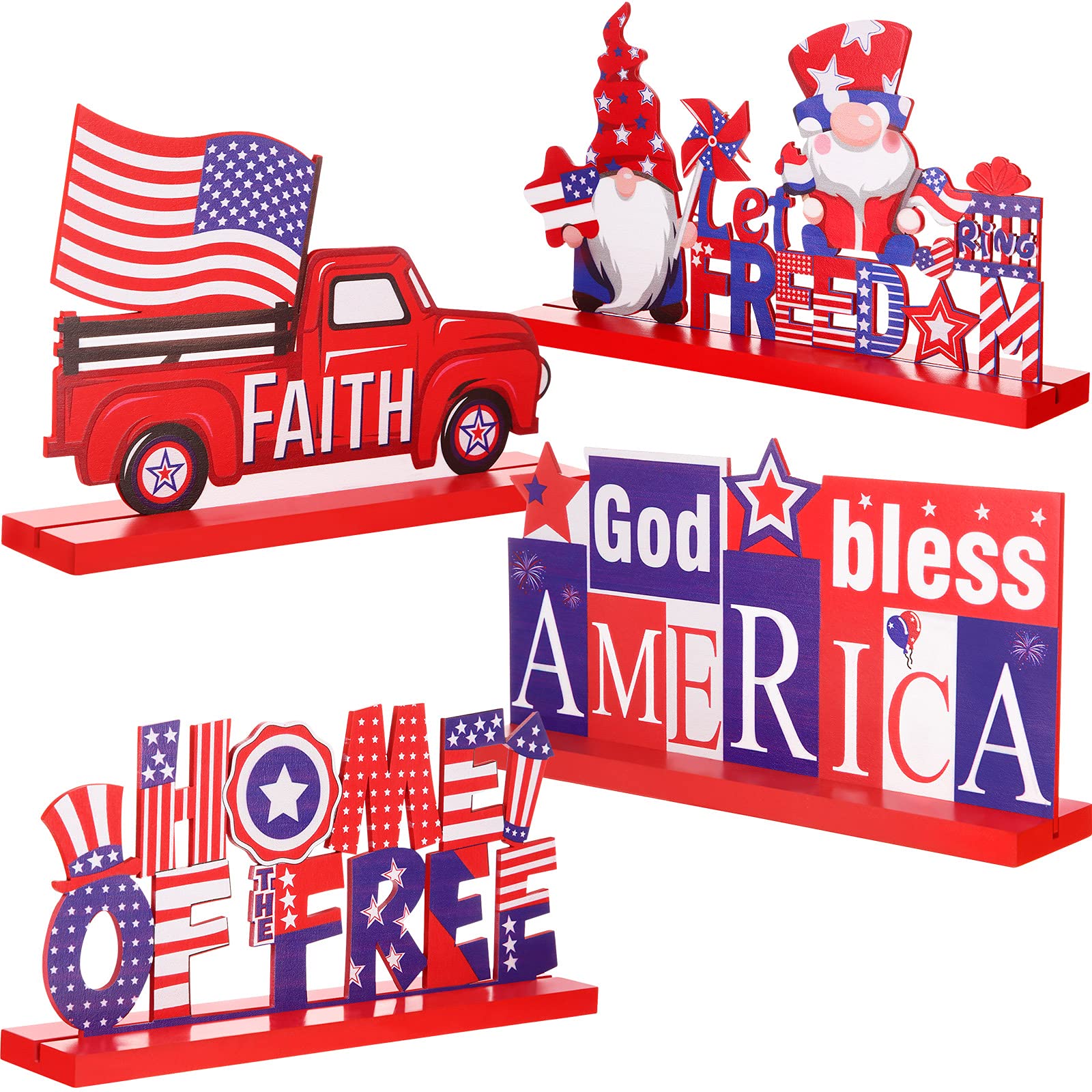 4th of July Wooden Table Centerpiece - 4-Piece Patriotic Table Decor Set with 