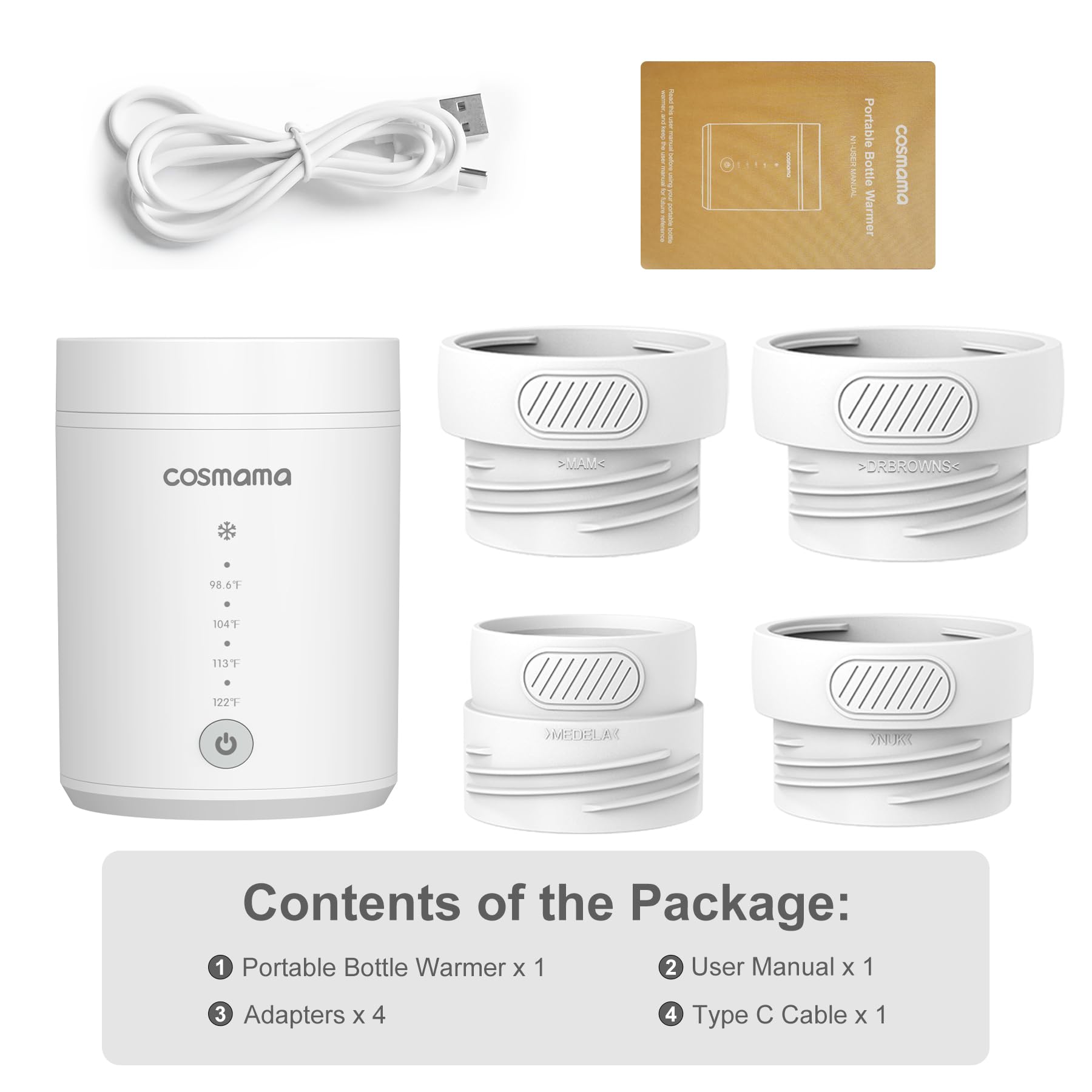 Portable Baby Bottle Warmer for Travel - Rechargeable Breast Milk & Formula Warmer with 4 Adapters & Precise Temperature Control | Perfect for On-the-Go Parents, Daycare, Road Trips & Airplane Travel