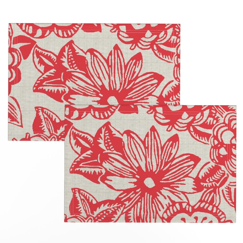 Premium Linen Cotton Canvas Placemats Set of 2 - Big Blossoms Floral Retro Design for Dining Table Decor | Washable & Durable Place Mats for Kitchen, Party, and Home Entertaining