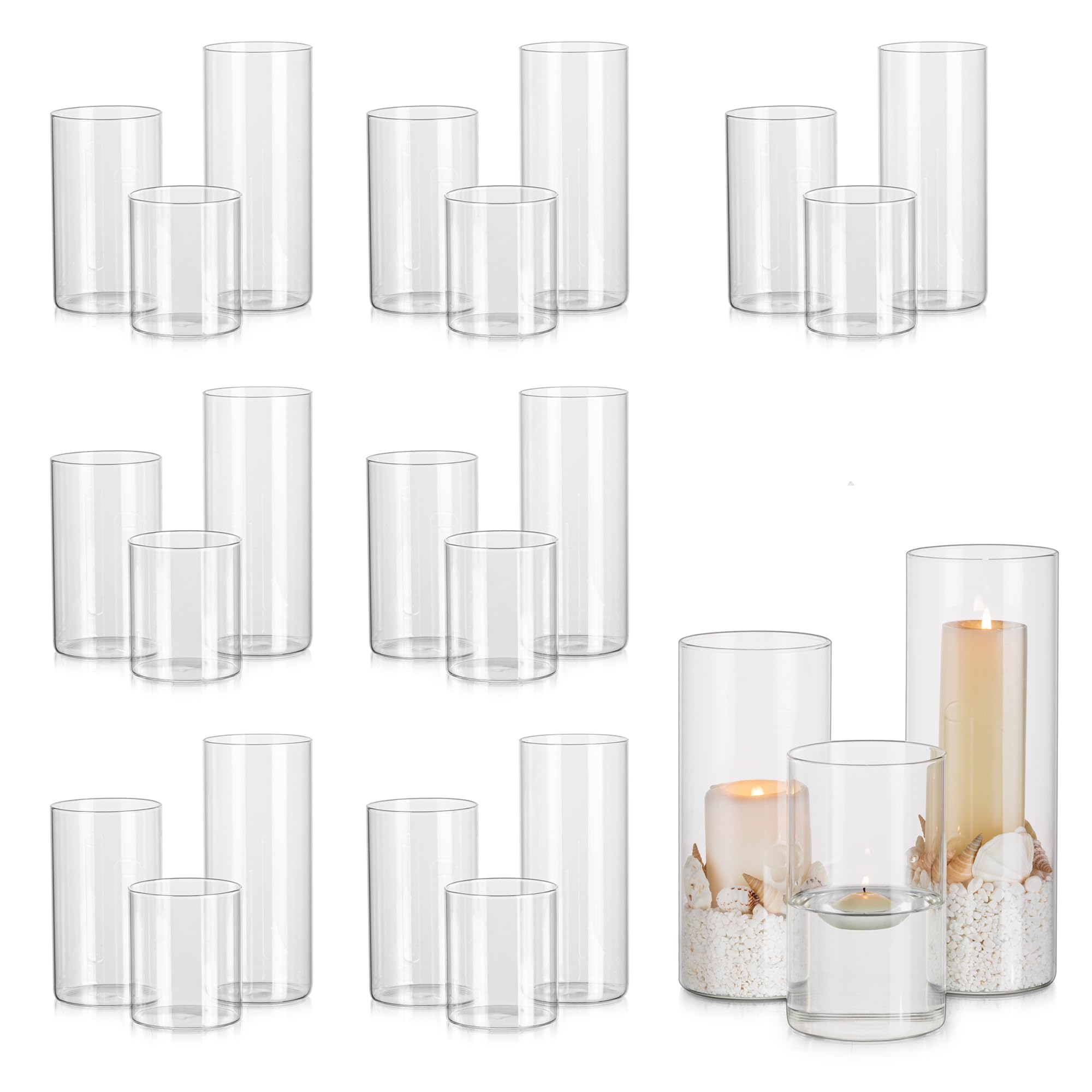 Glasseam 24-Pack Clear Glass Cylinder Candle Holders for Pillar & Floating Candles - Modern Hurricane Vases for Wedding Centerpieces, Table Decor, and Home Ambiance Lighting