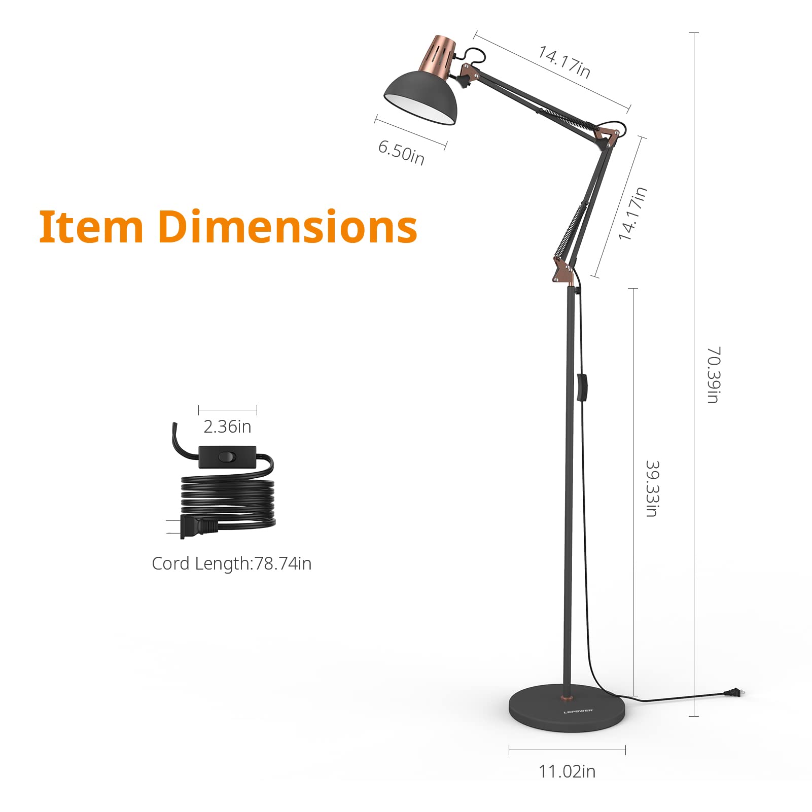 LEPOWER Adjustable Floor Lamp with Heavy Metal Base - Swing Arm Reading Light for Living Room, Bedroom & Office - Eye-Caring LED Pole Lamp with On/Off Switch - Sand Black Finish | Perfect for Night Reading, Study & Relaxation