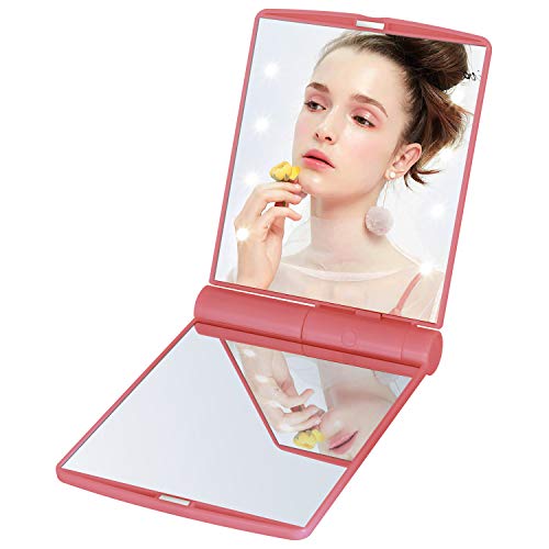 8 LED Lighted Travel Makeup Mirror - Compact Folding for Women & Girls (Pink) - Perfect for Dark & Travel