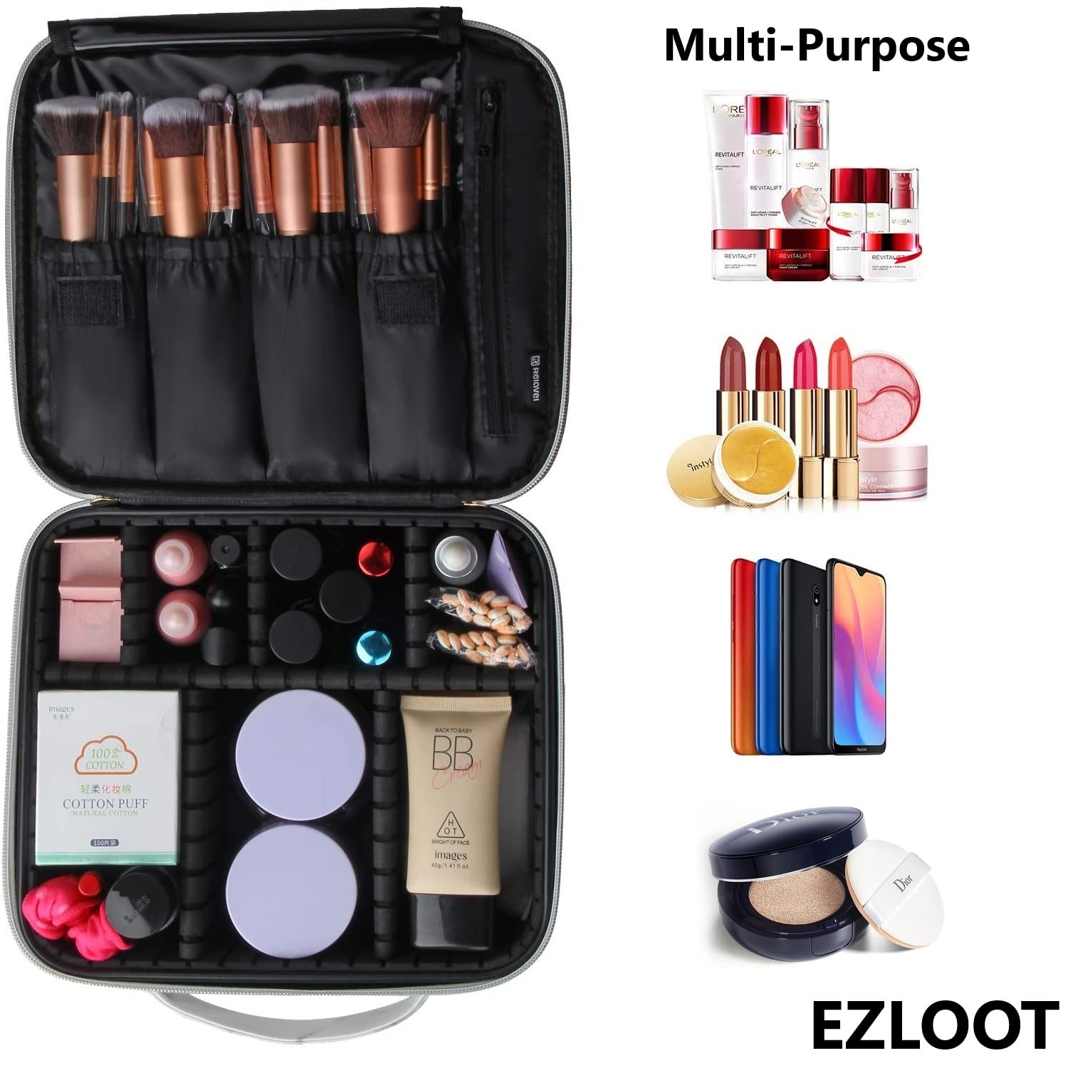 EZLOOT 10 Inch Travel Makeup Train Case - Professional Cosmetic Organizer with Adjustable Dividers for Makeup Brushes, Toiletries & Jewelry Storage - Durable Marble Pattern Artist Storage Bag - Perfect for Travel, Home & Salon Use