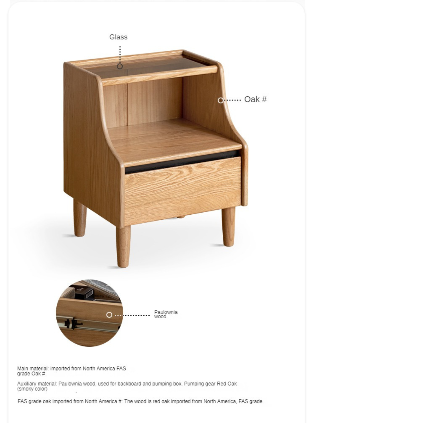 Solid Oak Wood Nightstand with Glass Top - Modern Bedside Table for Bedroom, Living Room, or Office