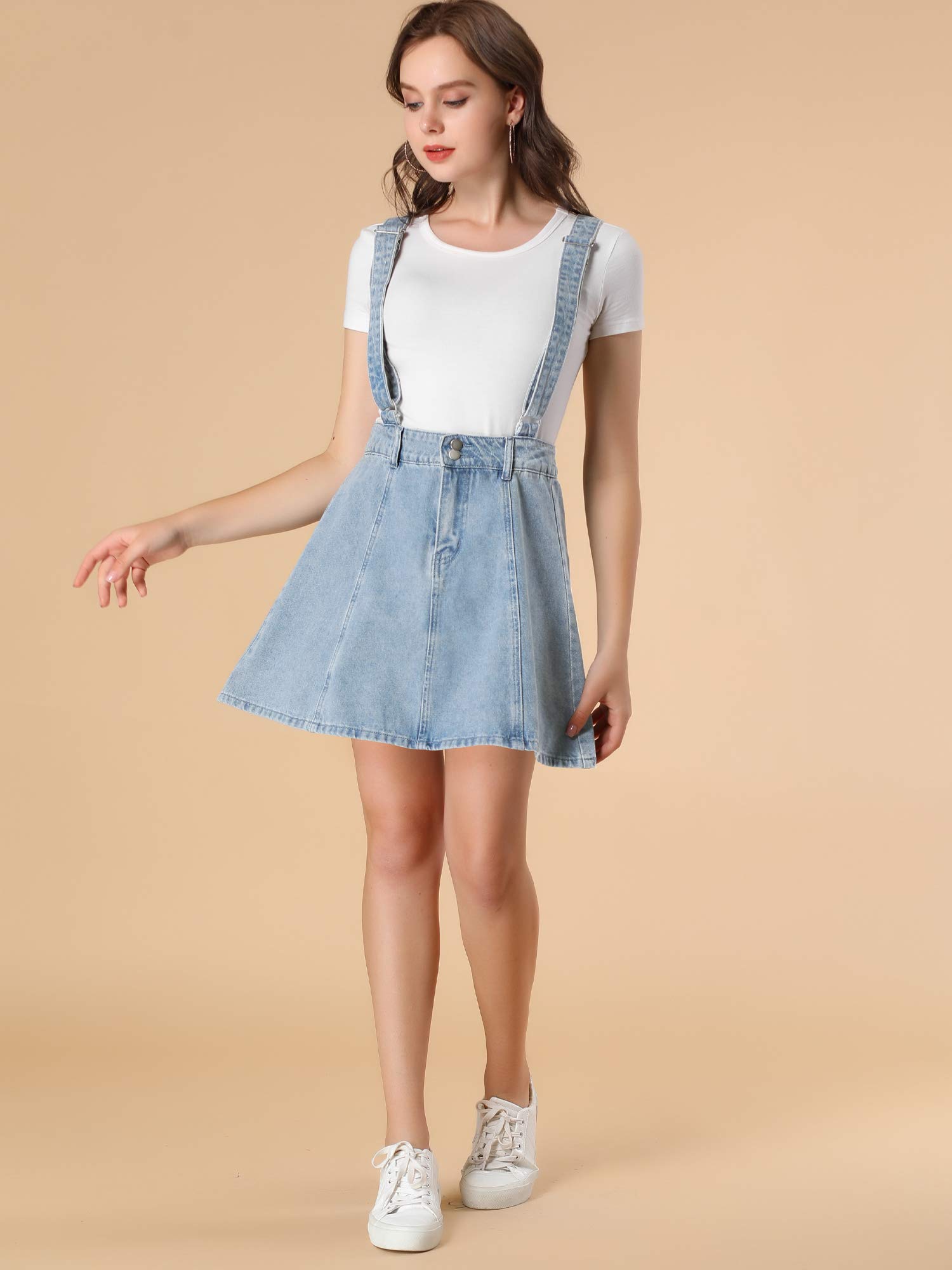 Allegra K Women's Denim Skirt with Adjustable Straps - Vintage Washed Mini Jean Skirt Overalls for Casual Outfits & Summer Fashion