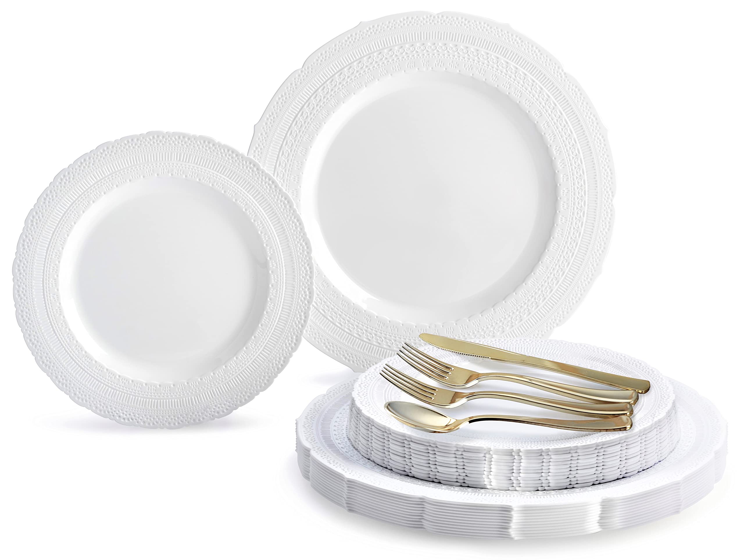720-Piece Extra Heavyweight Vintage Wedding Party Disposable Plastic Plates Set (120 Guests) - Chateau White Plates with Gold & Silver Silverware (Double Fork) for Elegant Weddings, Bridal Showers, and Formal Events