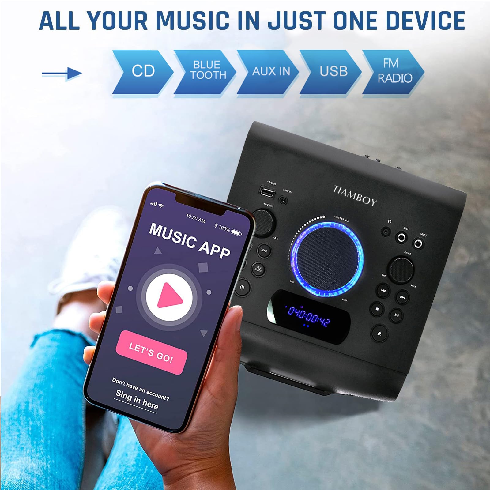 100W Home Bluetooth Stereo System with CD Player | HiFi Music System with Bluetooth 5.0, FM Radio, USB/AUX Input | Karaoke Function & LED Lights for Living Room, Bedroom, Party Entertainment