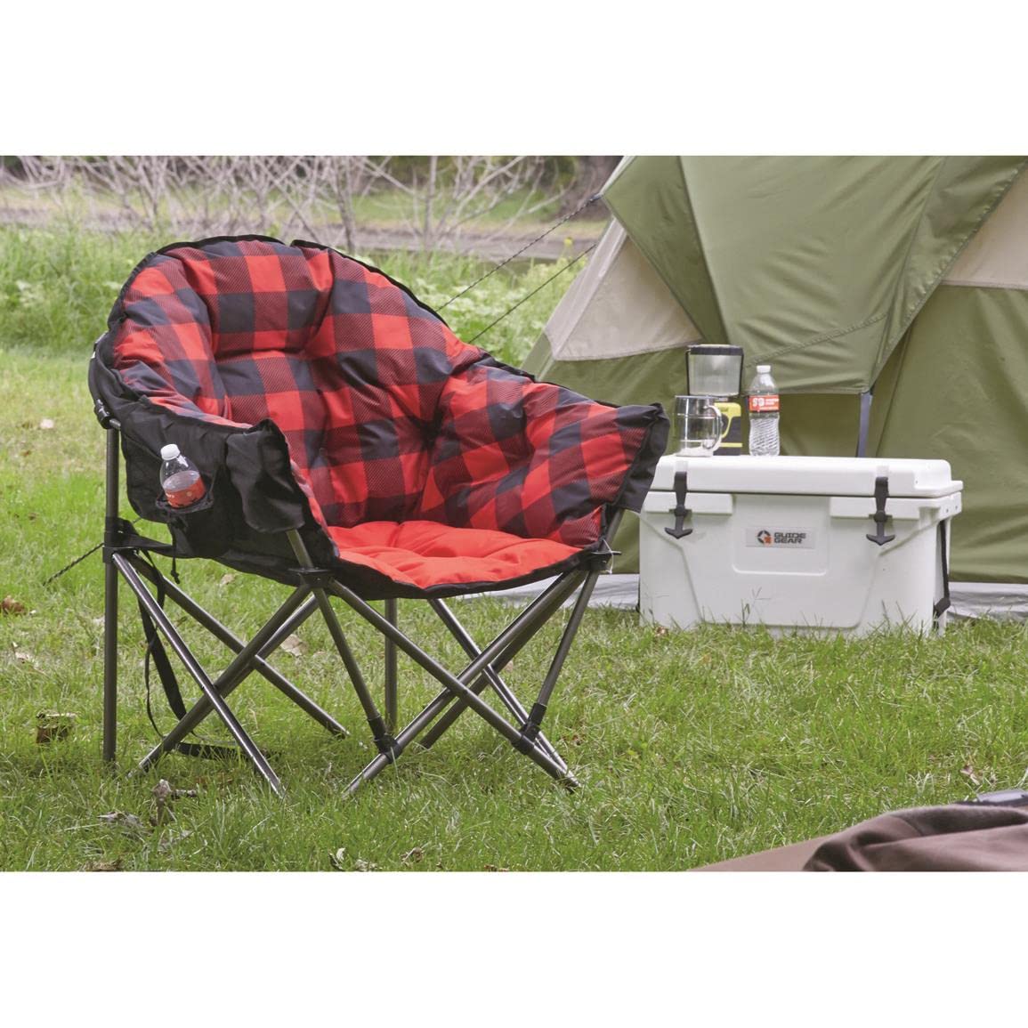 Guide Gear Oversized Camping Chair - Portable Folding Chair with Padded Seat, 500 lb Weight Capacity, Red Plaid - Perfect for Outdoor Camping, Picnics, Beach & Backyard Relaxation