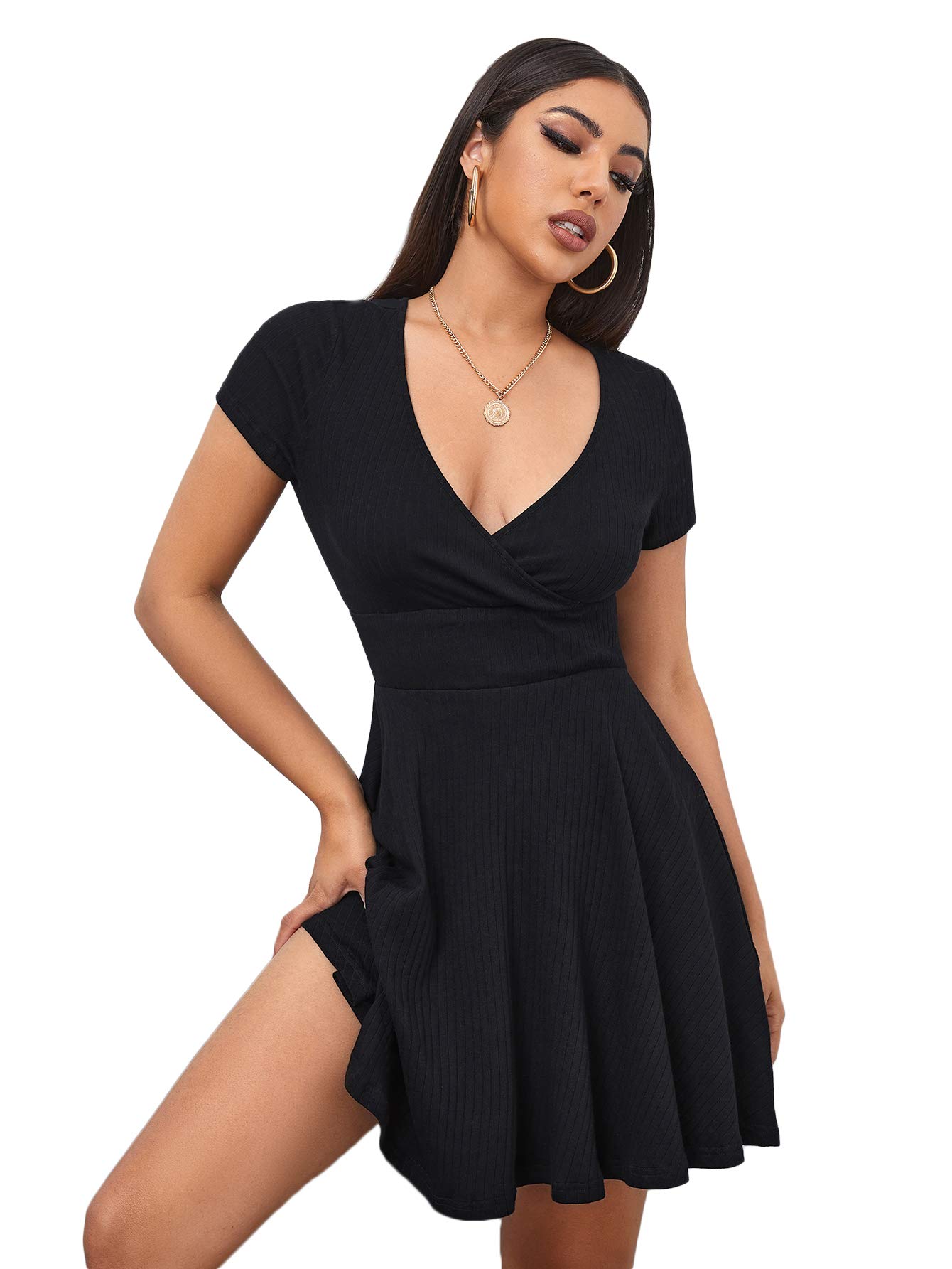 Verdusa Women's Surplice Neck Short Sleeve Mini Wrap A Line Fit and Flare Dress - Elegant Summer Cocktail Party & Date Night Outfit