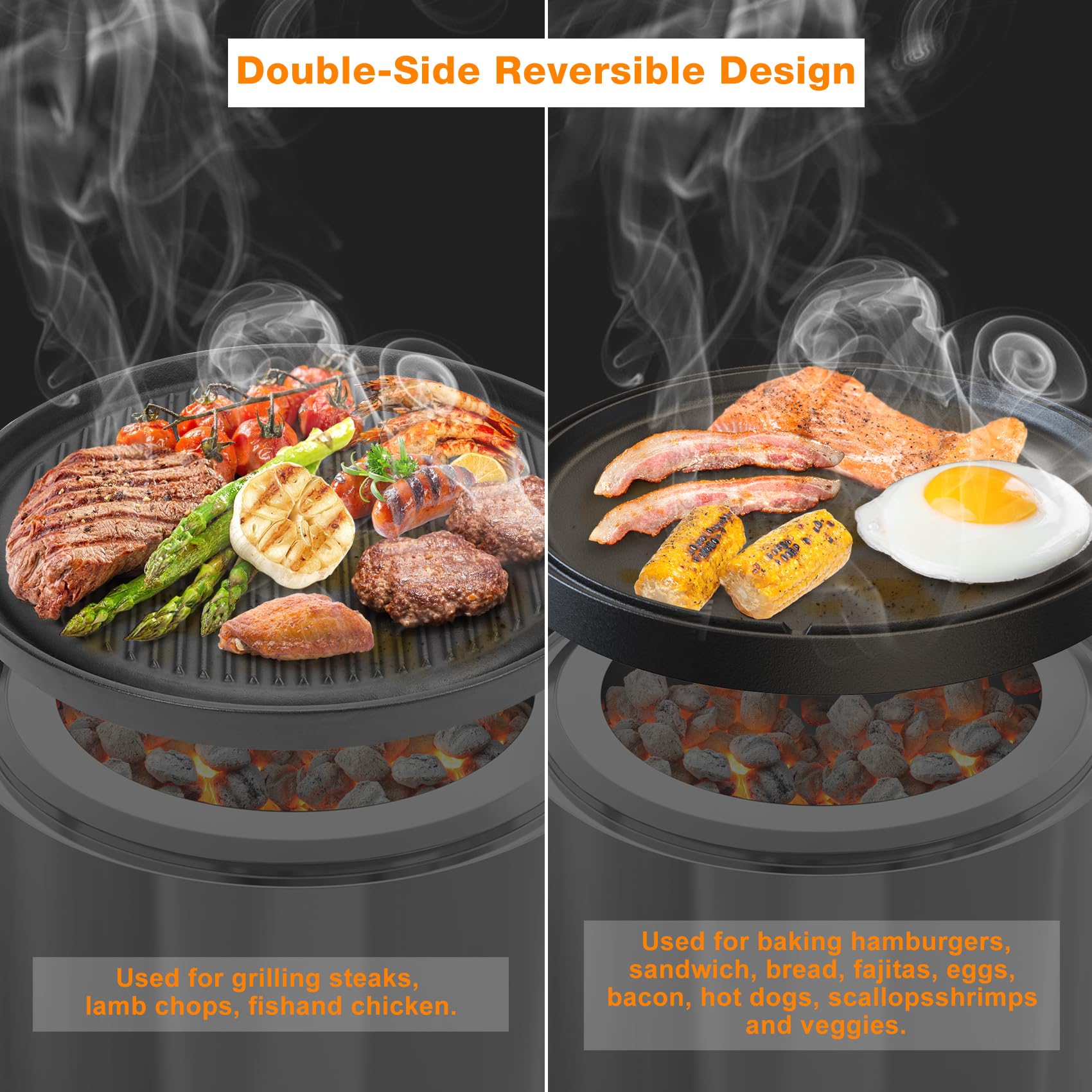 Onlyfire 14 Inch Double Sided Reversible Cast Iron Griddle for Solo Stove Ranger | Detachable Legs & Raised Top Cookware | Perfect for Camping, Backyard BBQs & Outdoor Cooking with 15 Inch Fire Pit