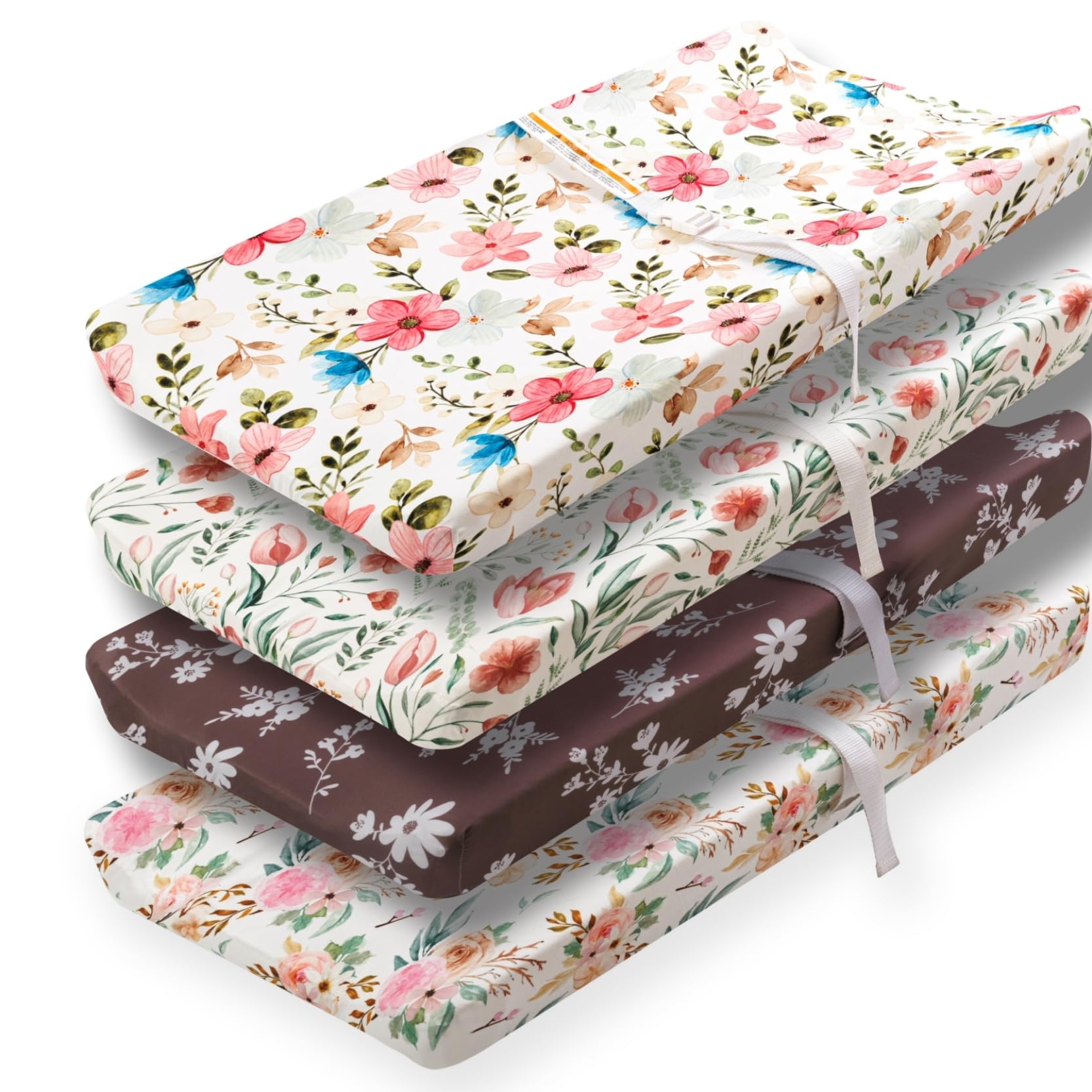 4 Pack Baby Girl Changing Pad Covers - Soft Breathable Fitted Floral & Elephant Theme Crib Sheets for Newborn & Toddler Girls | Nursery, Diaper Changing Station & Travel Use (Flower Pattern)