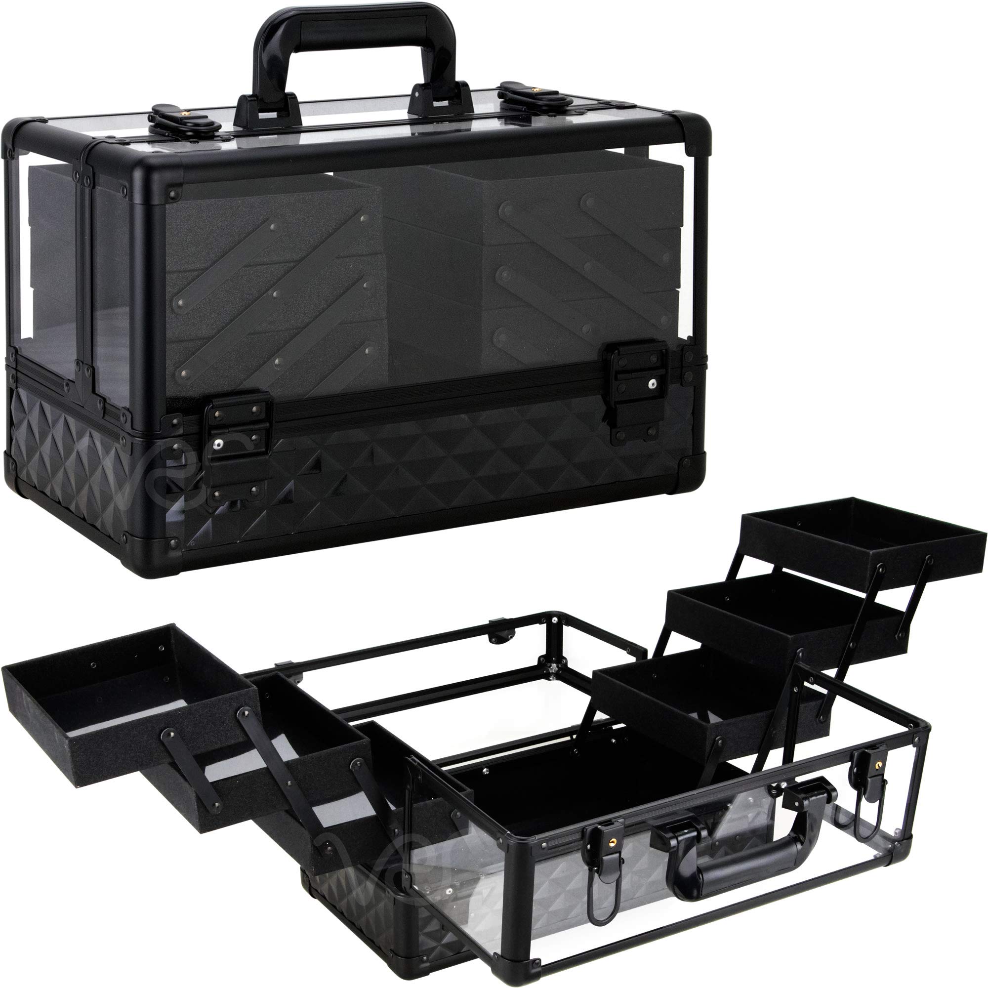 Ver Beauty 14 Inch Large Professional Makeup Train Case - Portable Acrylic Cosmetic Storage Organizer with 6 Trays for Makeup Artists, Jewelry, Nail Kits & Crafts - Perfect for Travel, Salon & Home Organization (Black)