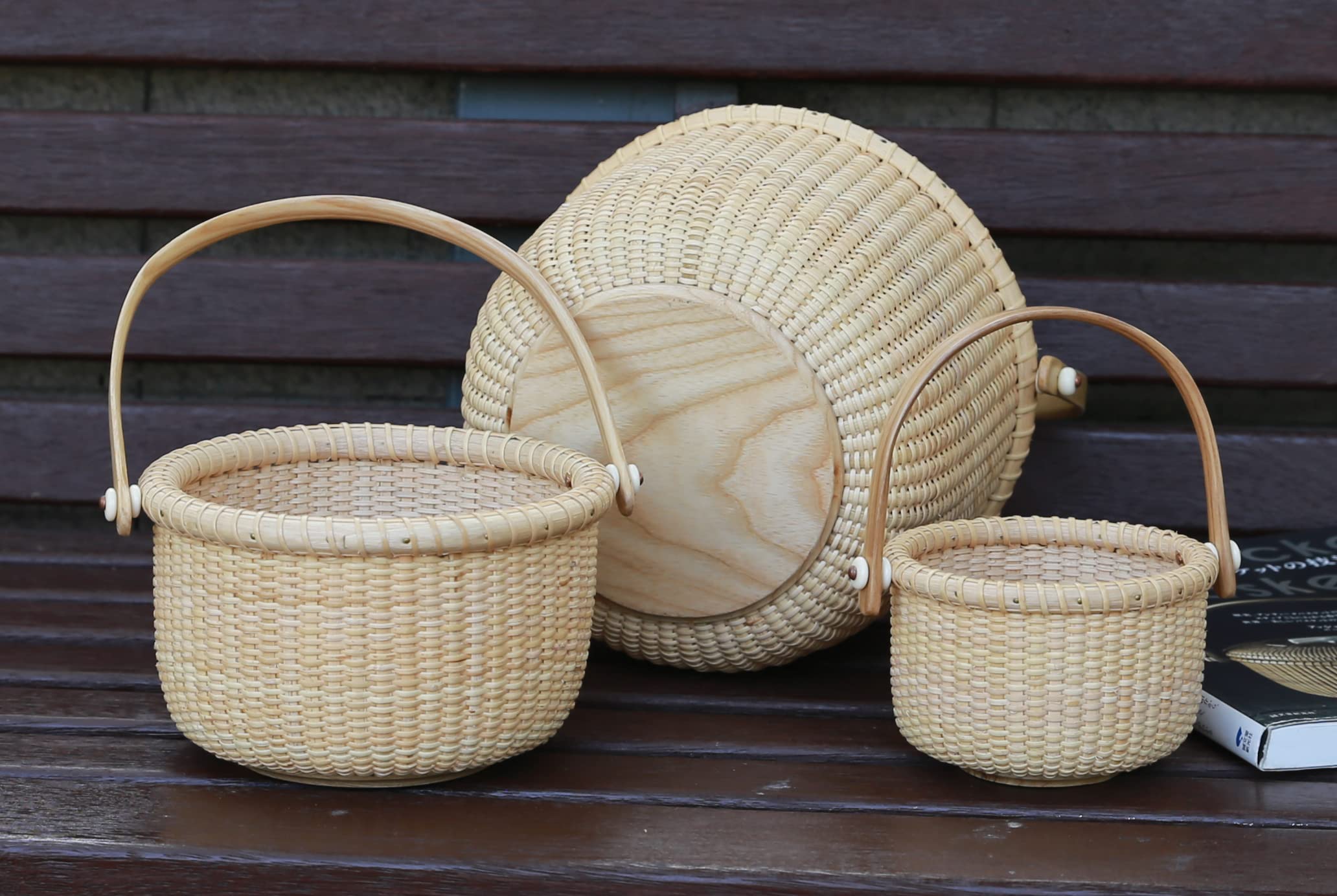 Classic Nantucket Round Woven Rattan Basket with Wood Knob Handles - Storage Organizer for Fruits, Toys & Home Decor | Handwoven Tote Cube Container for Kitchen, Bathroom & Nursery Organization